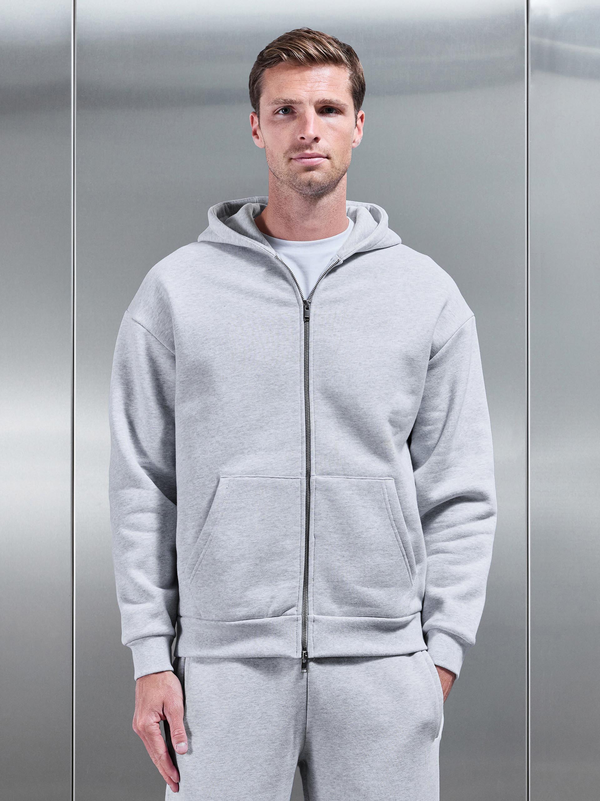 Relaxed Zip Through Hoodie in Marl Grey