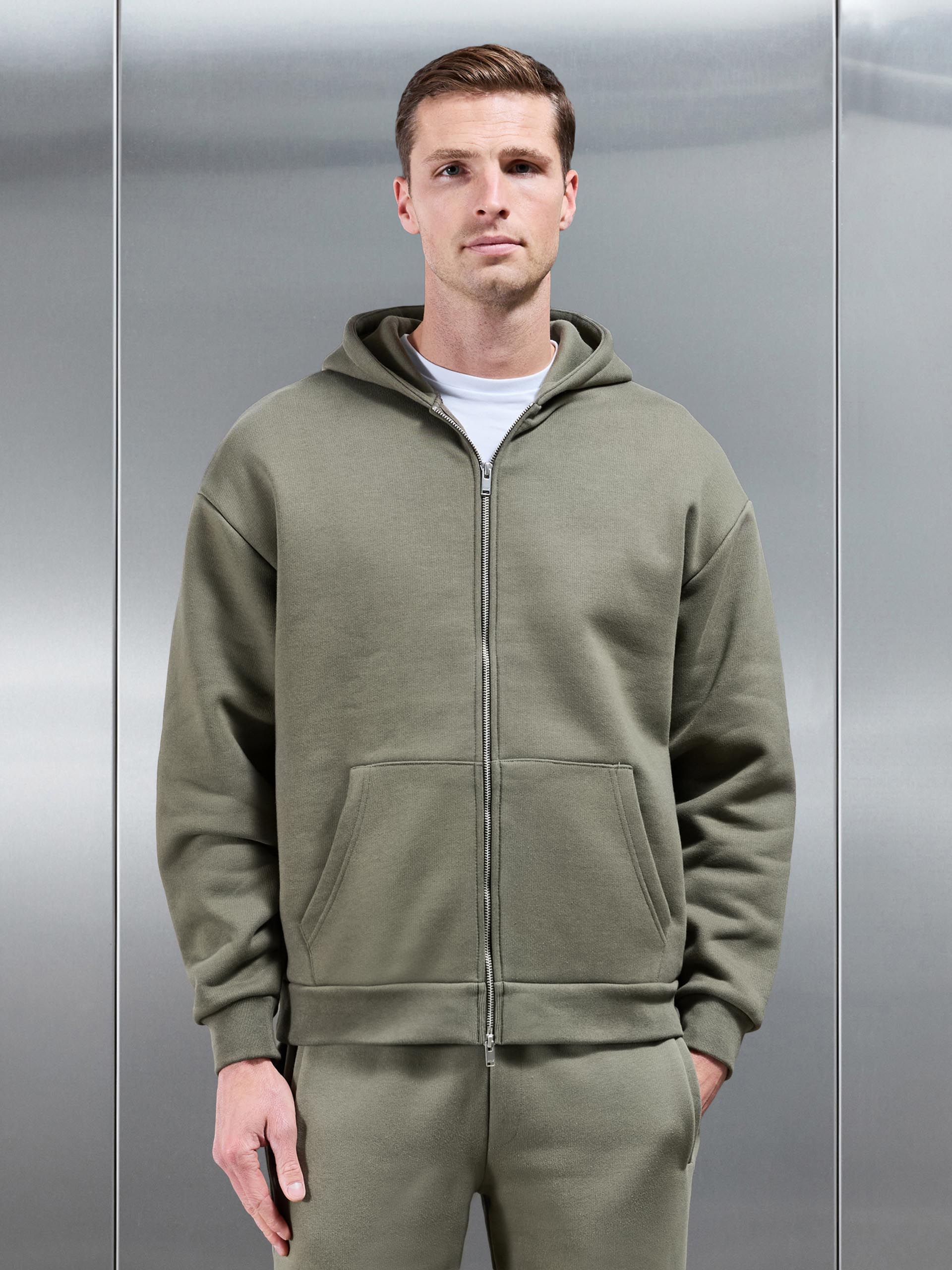 Relaxed Zip Through Hoodie in Olive