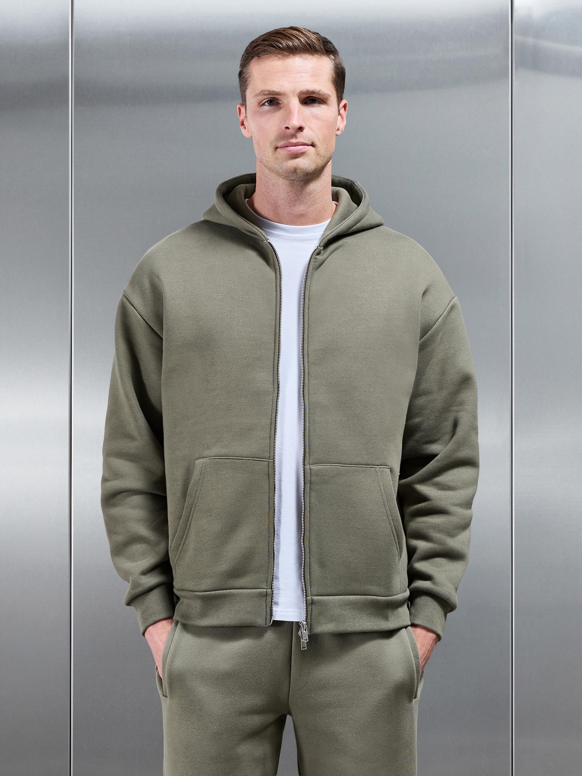 Relaxed Zip Through Hoodie in Olive