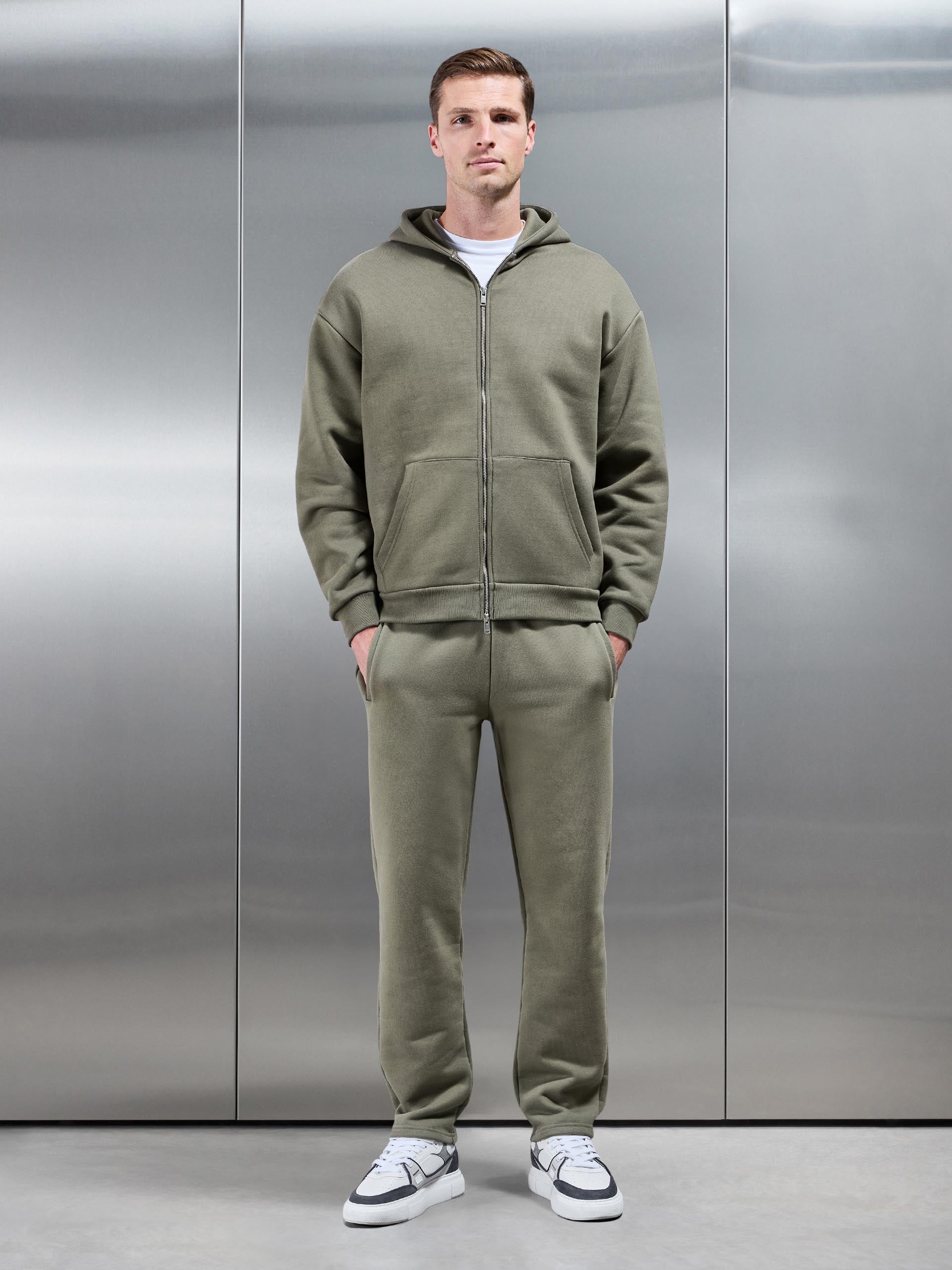 Relaxed Zip Through Hoodie in Olive