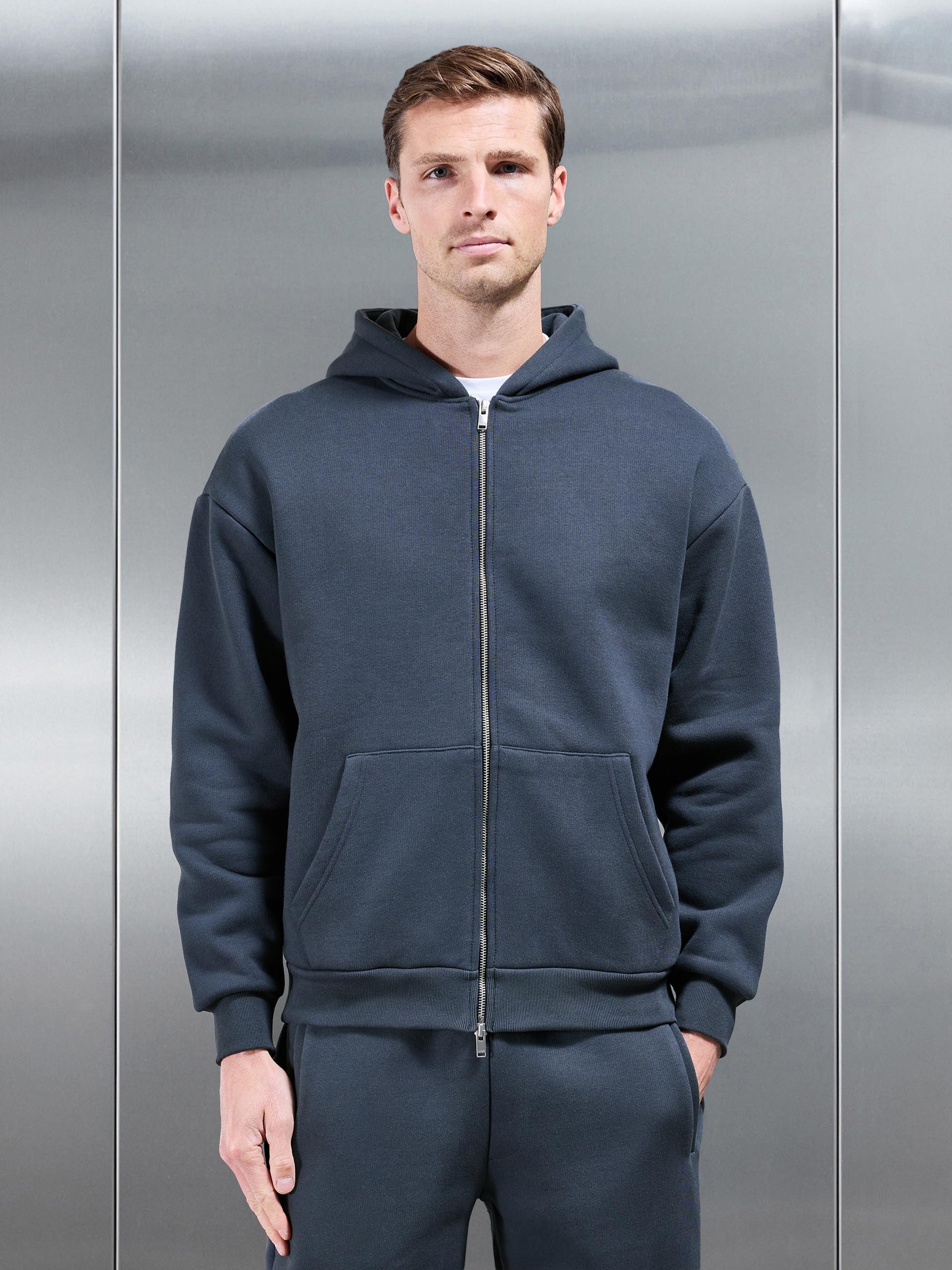 Relaxed Zip Through Hoodie in Slate Blue