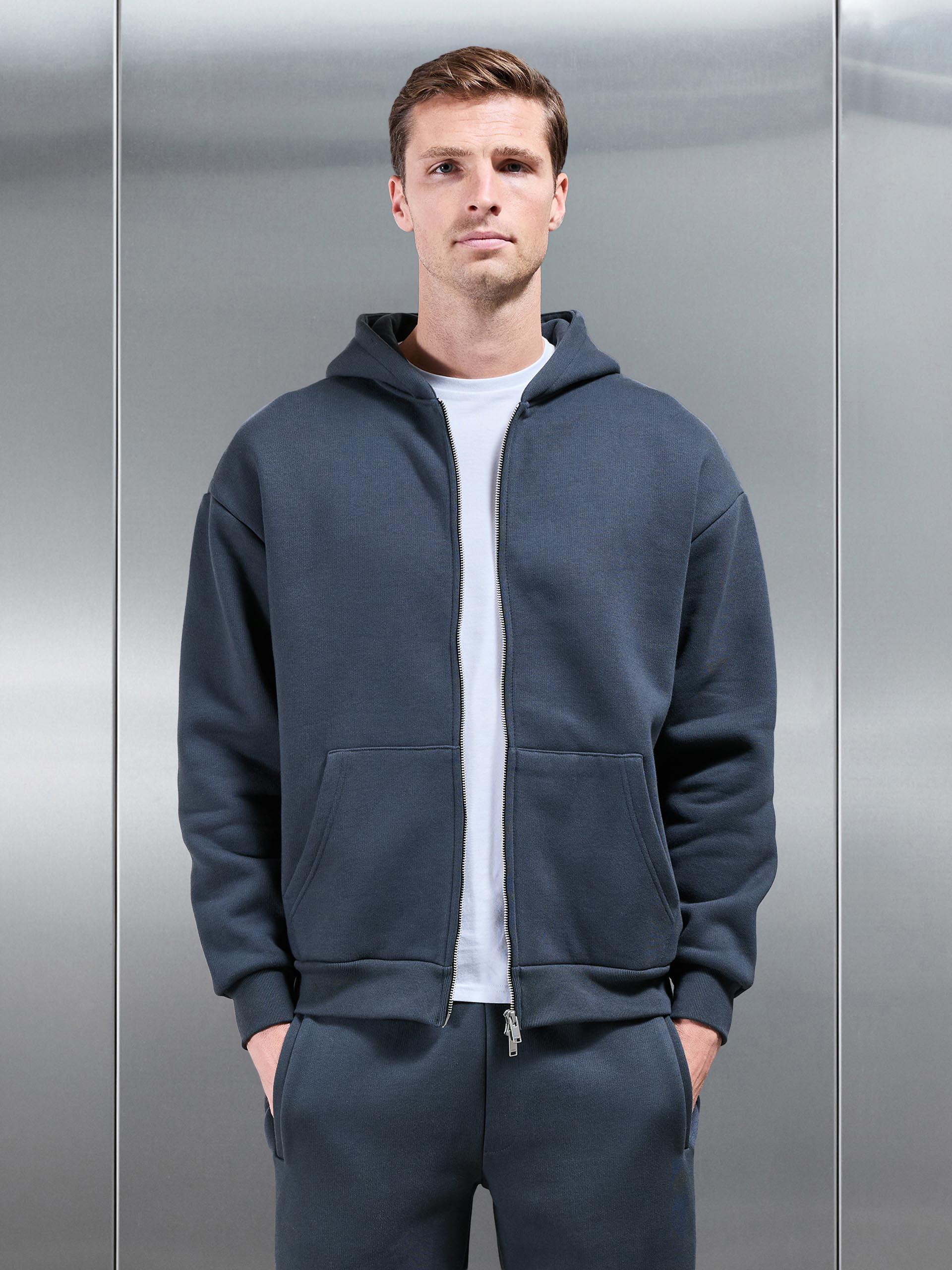 Relaxed Zip Through Hoodie in Slate Blue