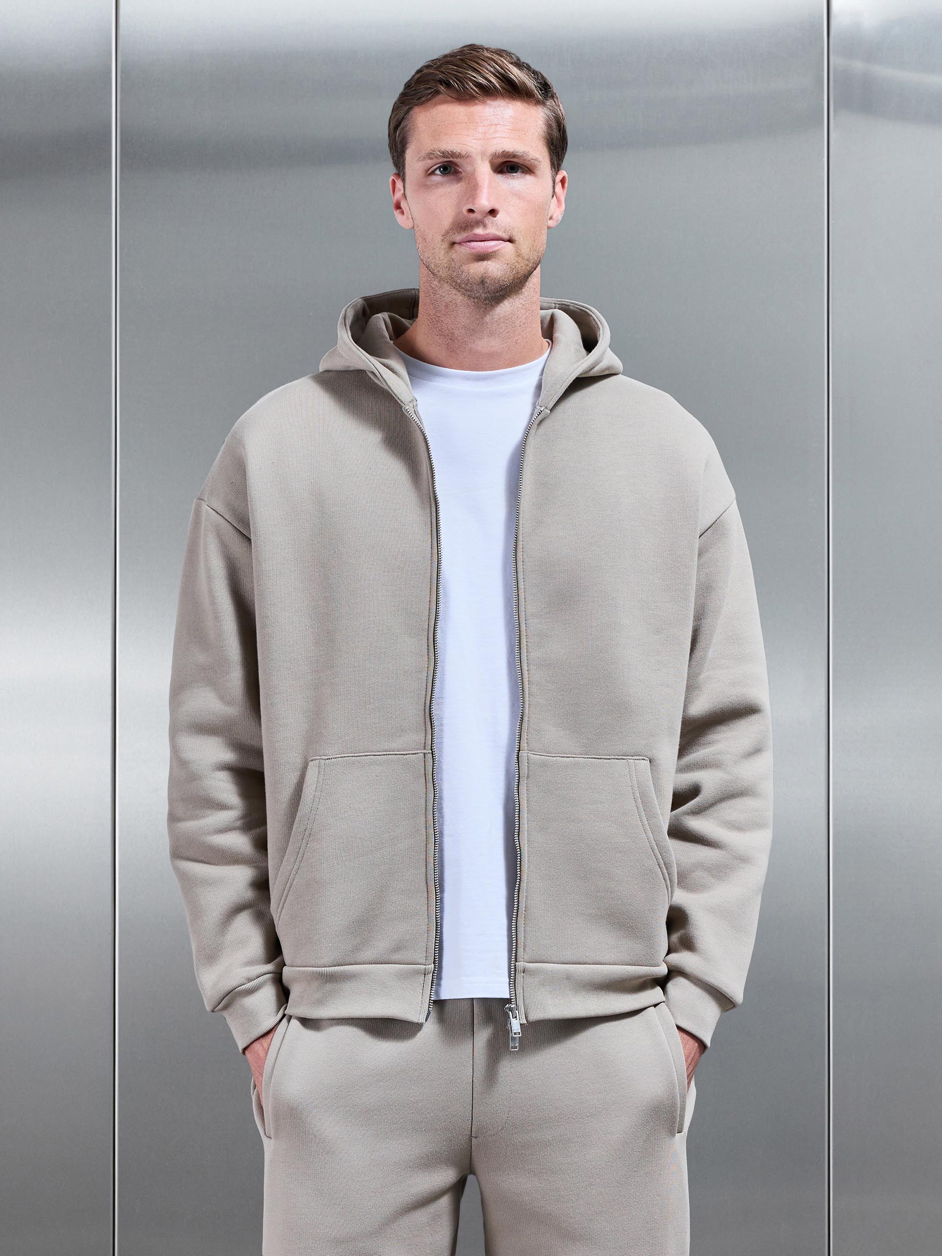 Relaxed Zip Through Hoodie in Stone
