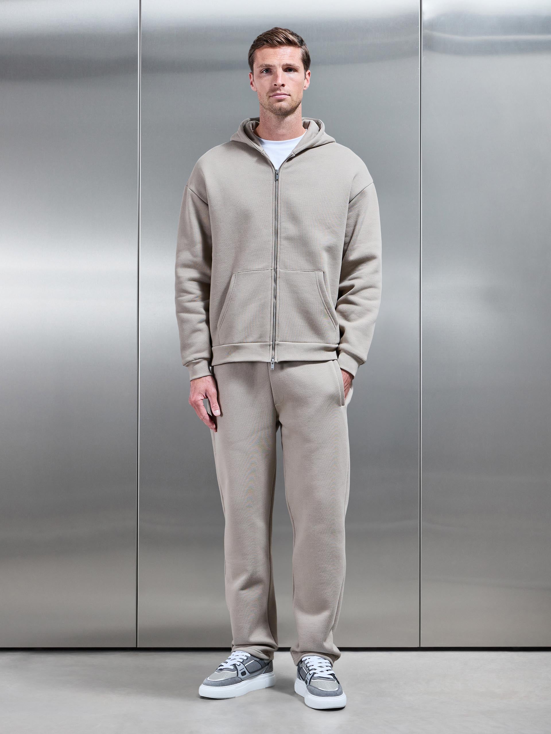 Relaxed Zip Through Hoodie in Stone