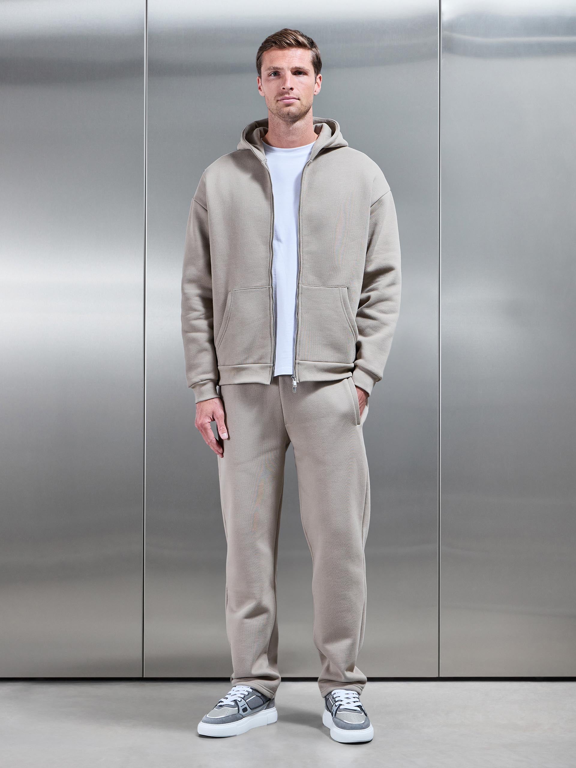 Relaxed Zip Through Hoodie in Stone