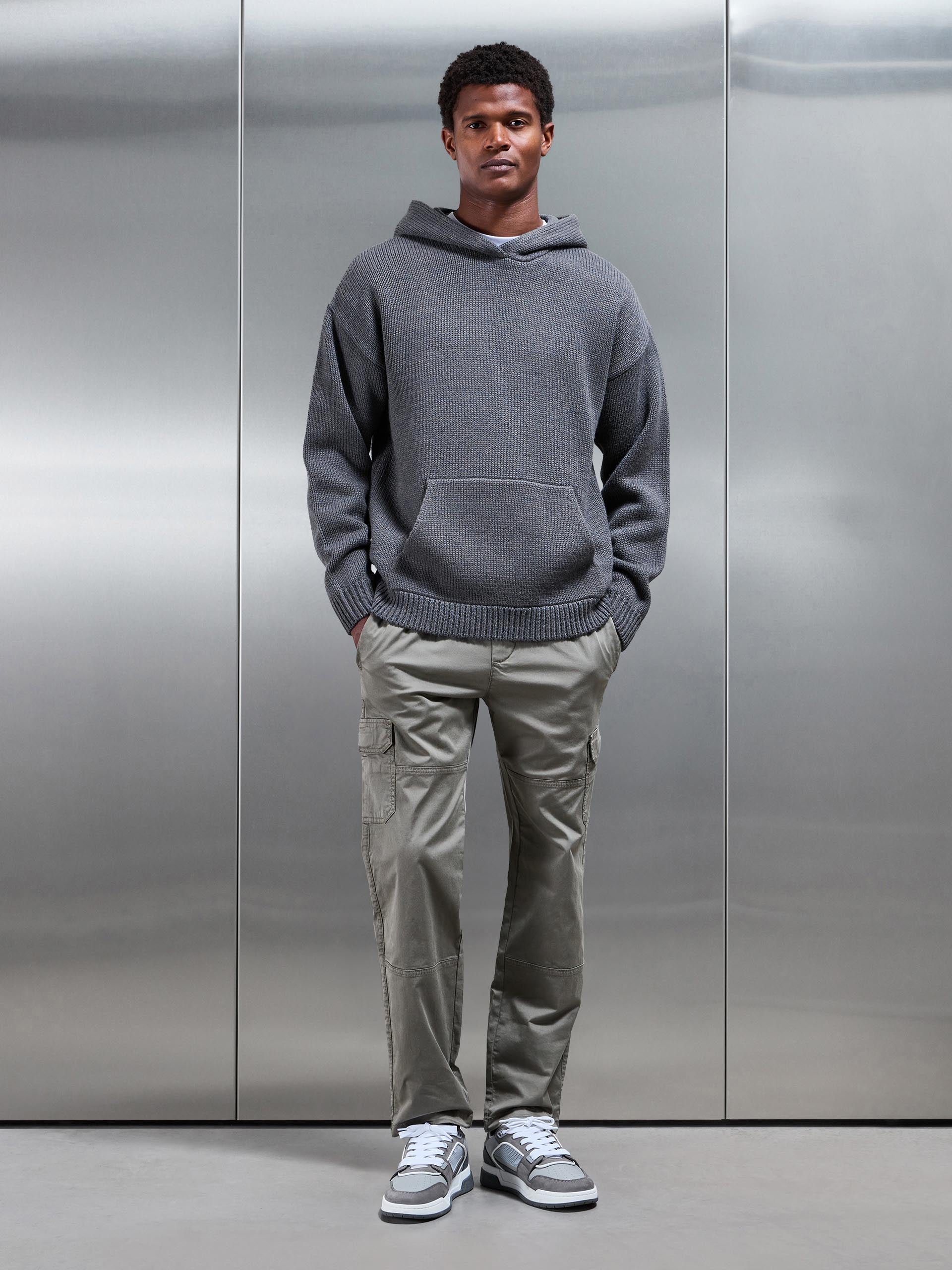 Relaxed Fit Chunky Knitted Hoodie in Grey