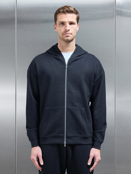 Relaxed Fit Knitted Zip Through Hoodie in Black