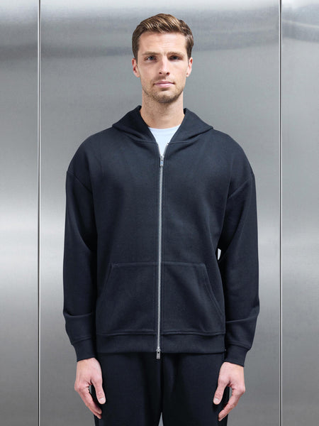 Relaxed Fit Knitted Zip Through Hoodie in Black