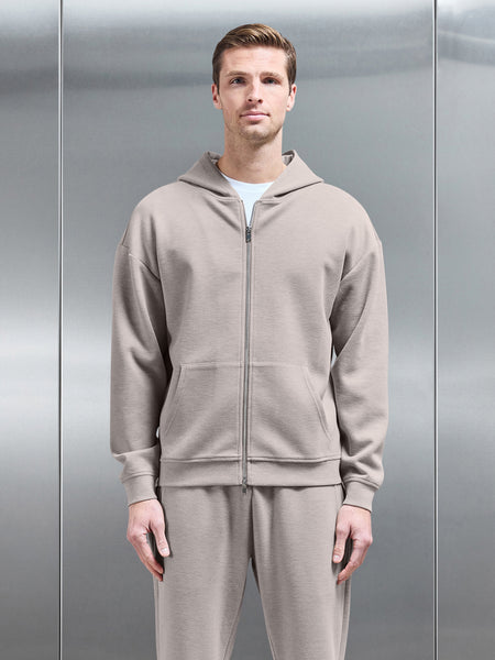 Relaxed Fit Knitted Zip Through Hoodie in Stone