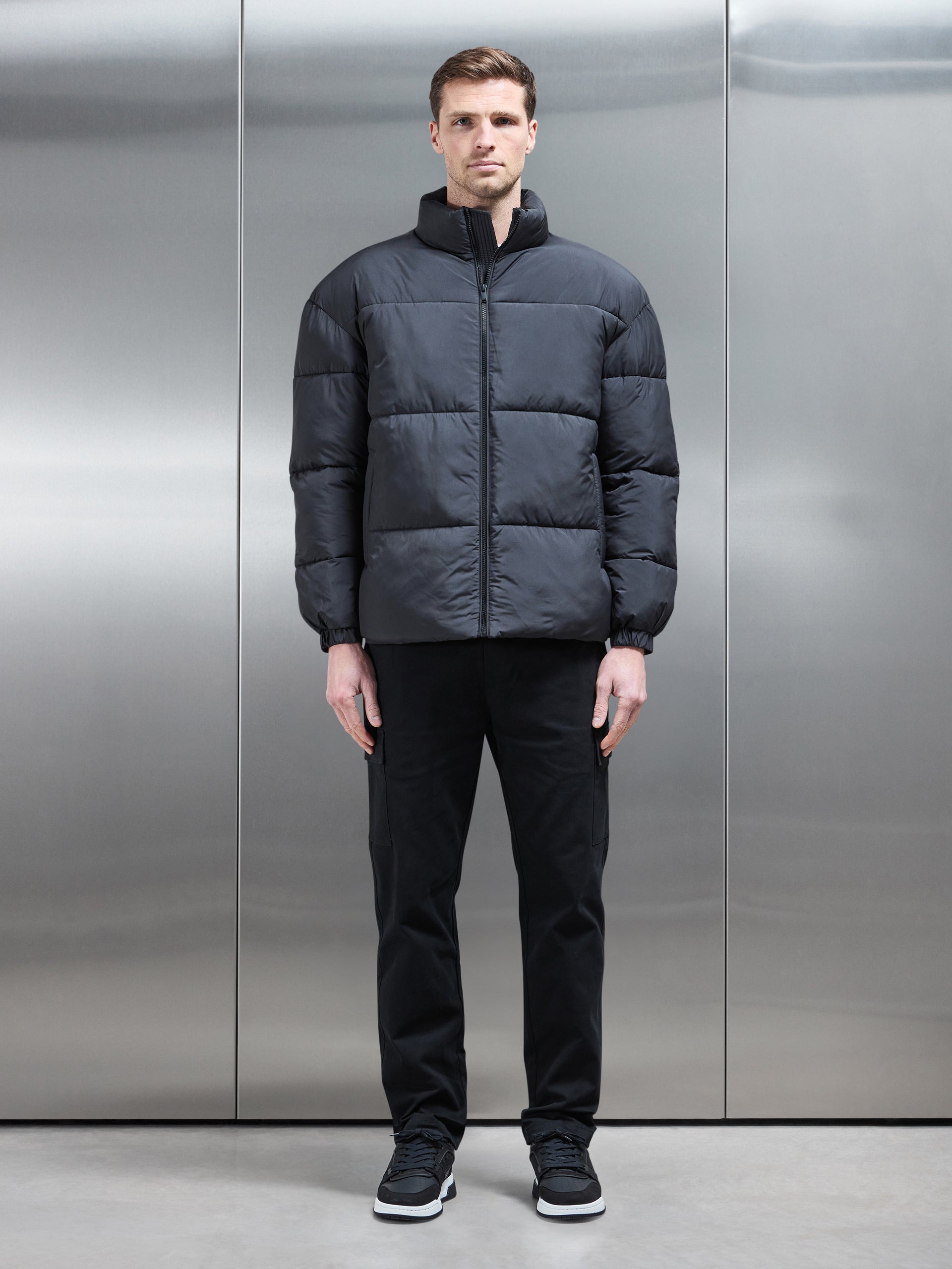 Relaxed Funnel Neck Puffer Jacket in Black