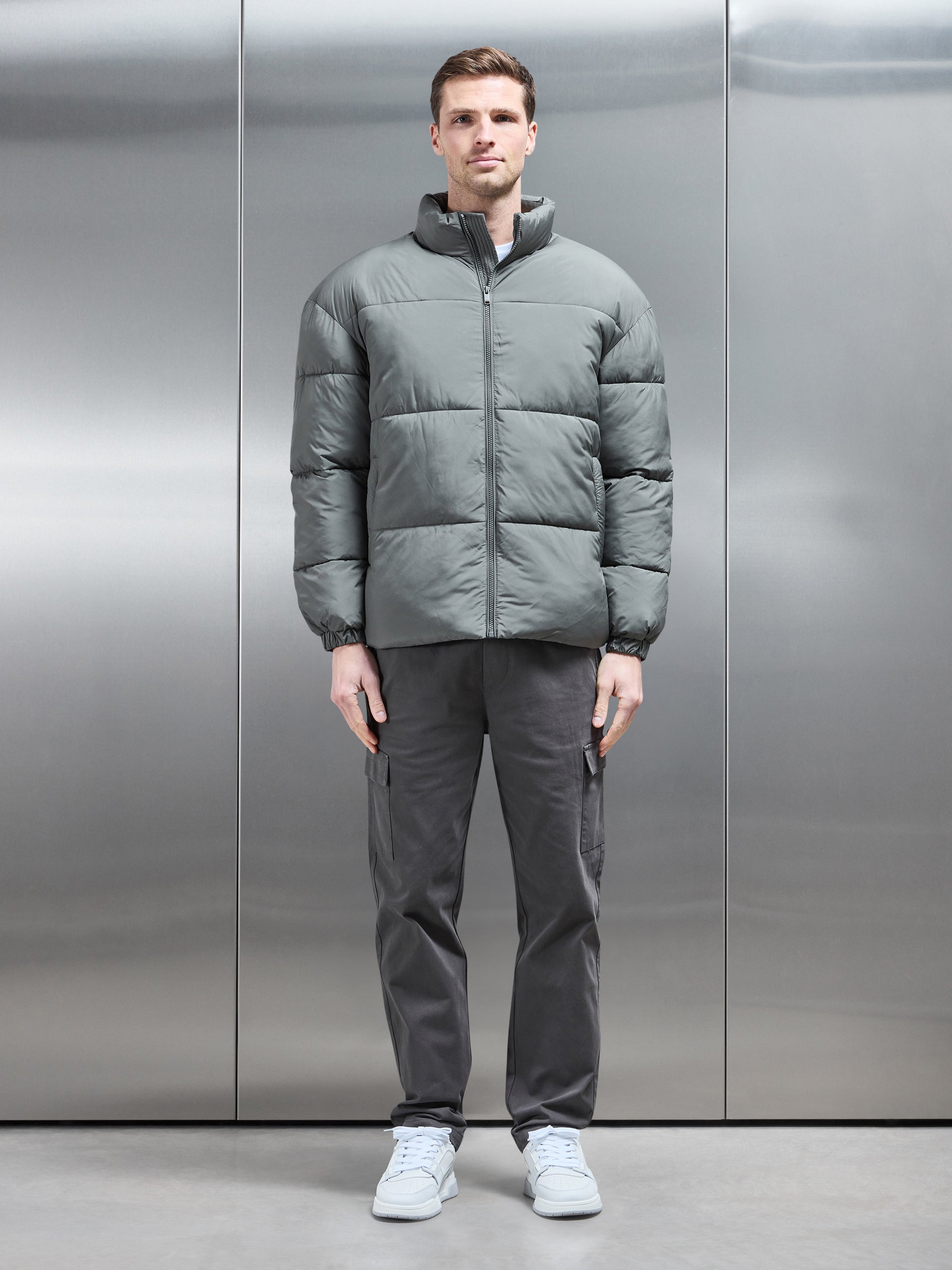 Relaxed Funnel Neck Puffer Jacket in Sage