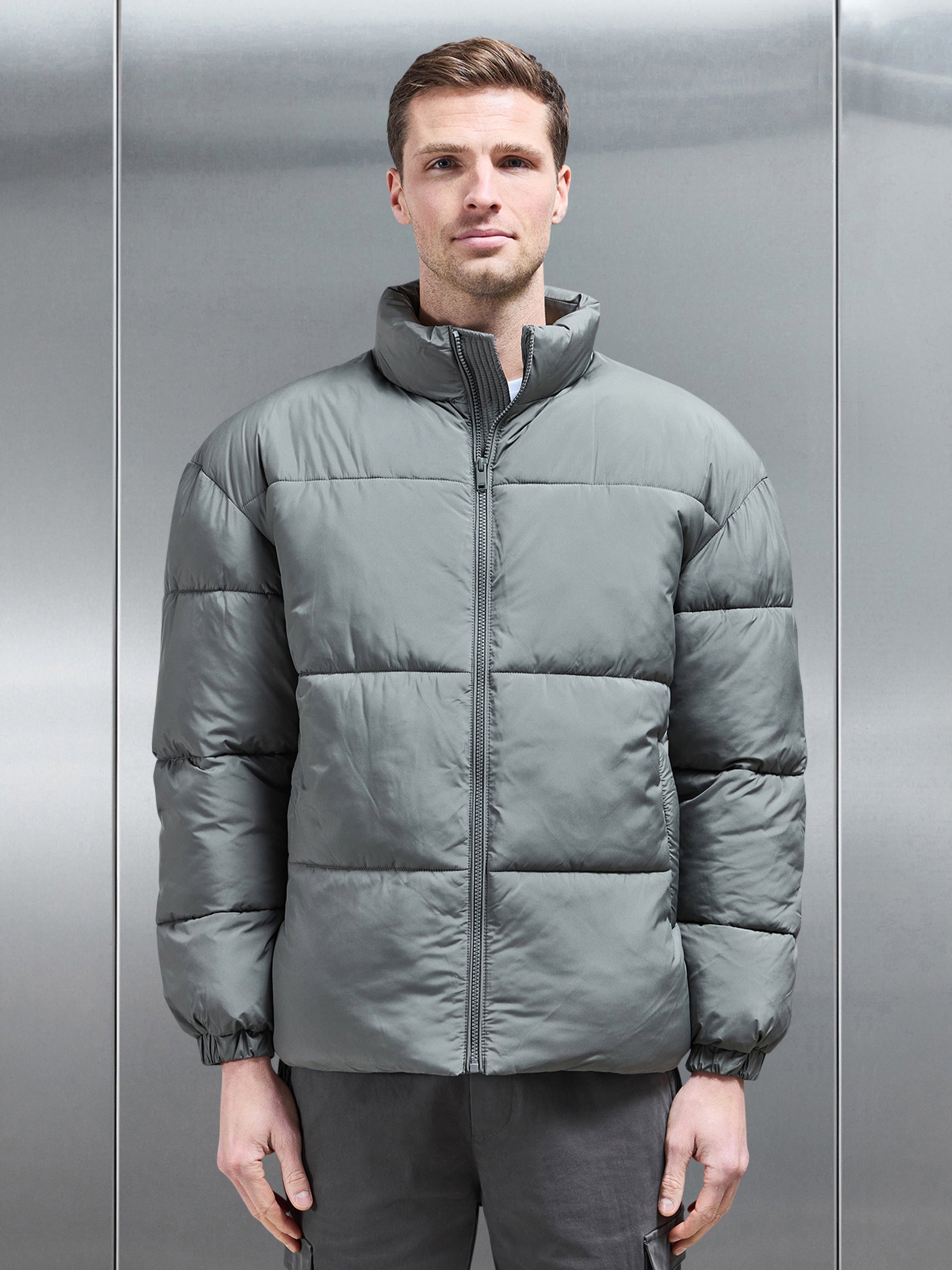 Relaxed Funnel Neck Puffer Jacket in Sage