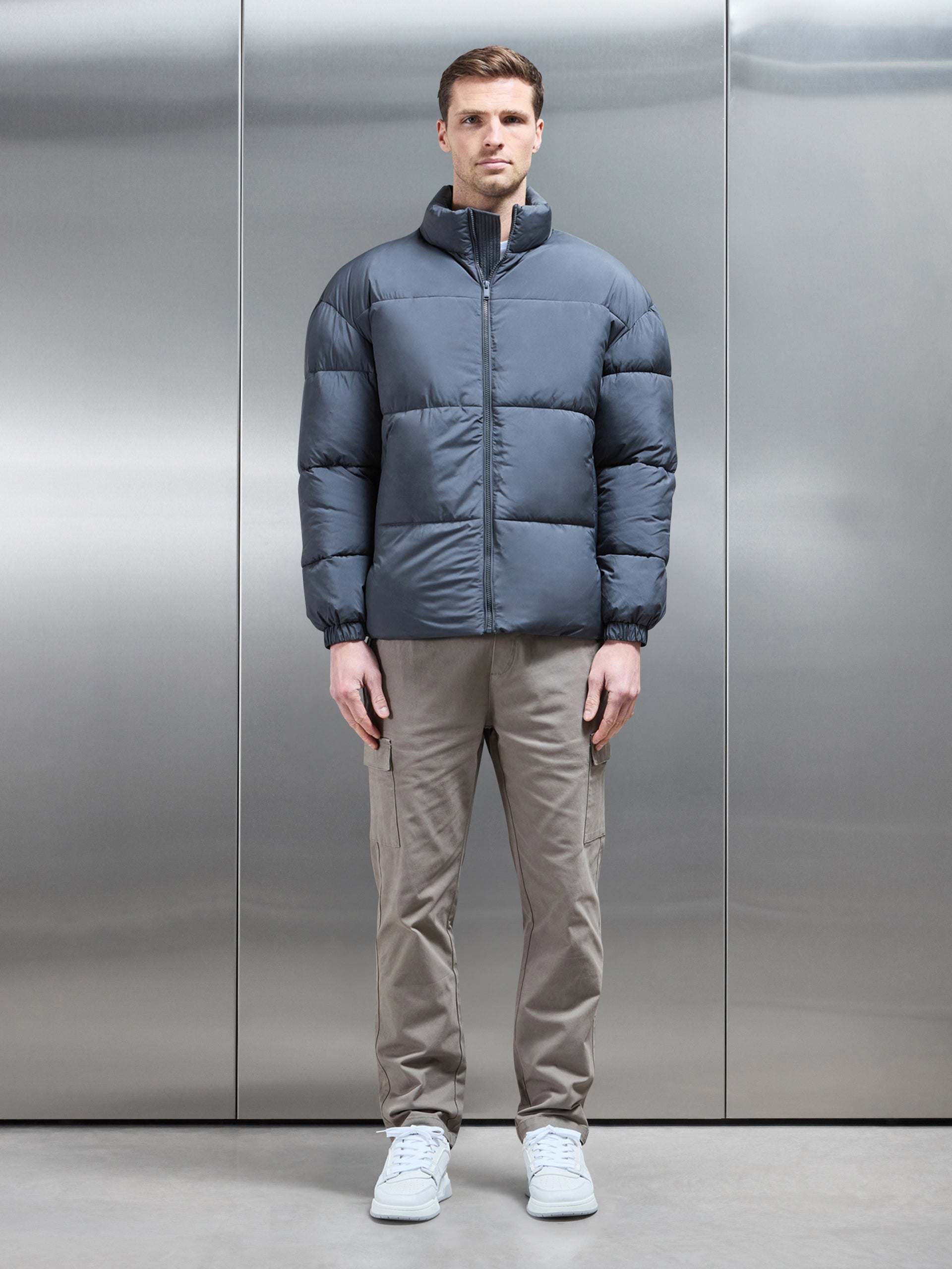 Relaxed Funnel Neck Puffer Jacket in Grey
