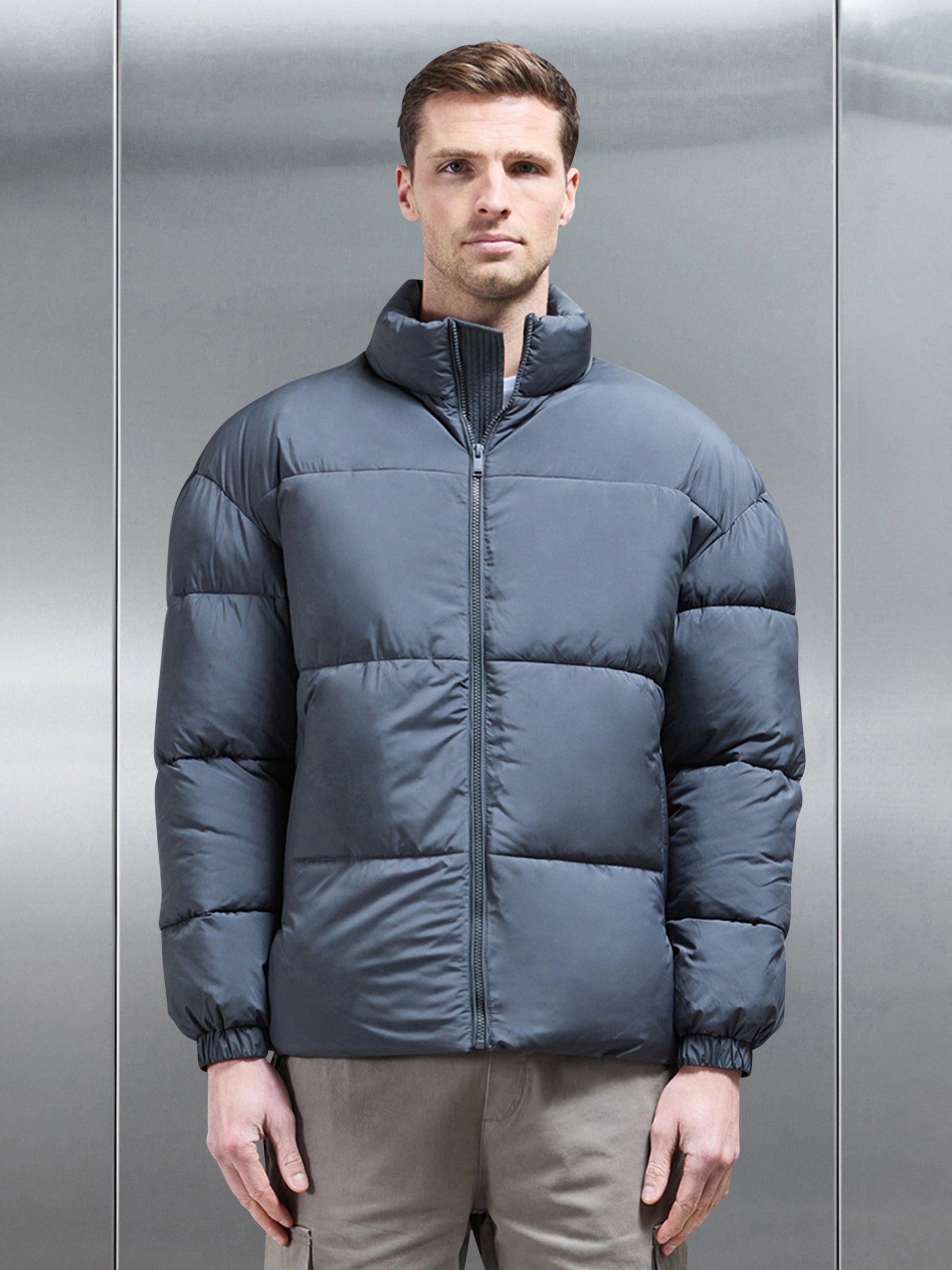 Relaxed Funnel Neck Puffer Jacket in Grey