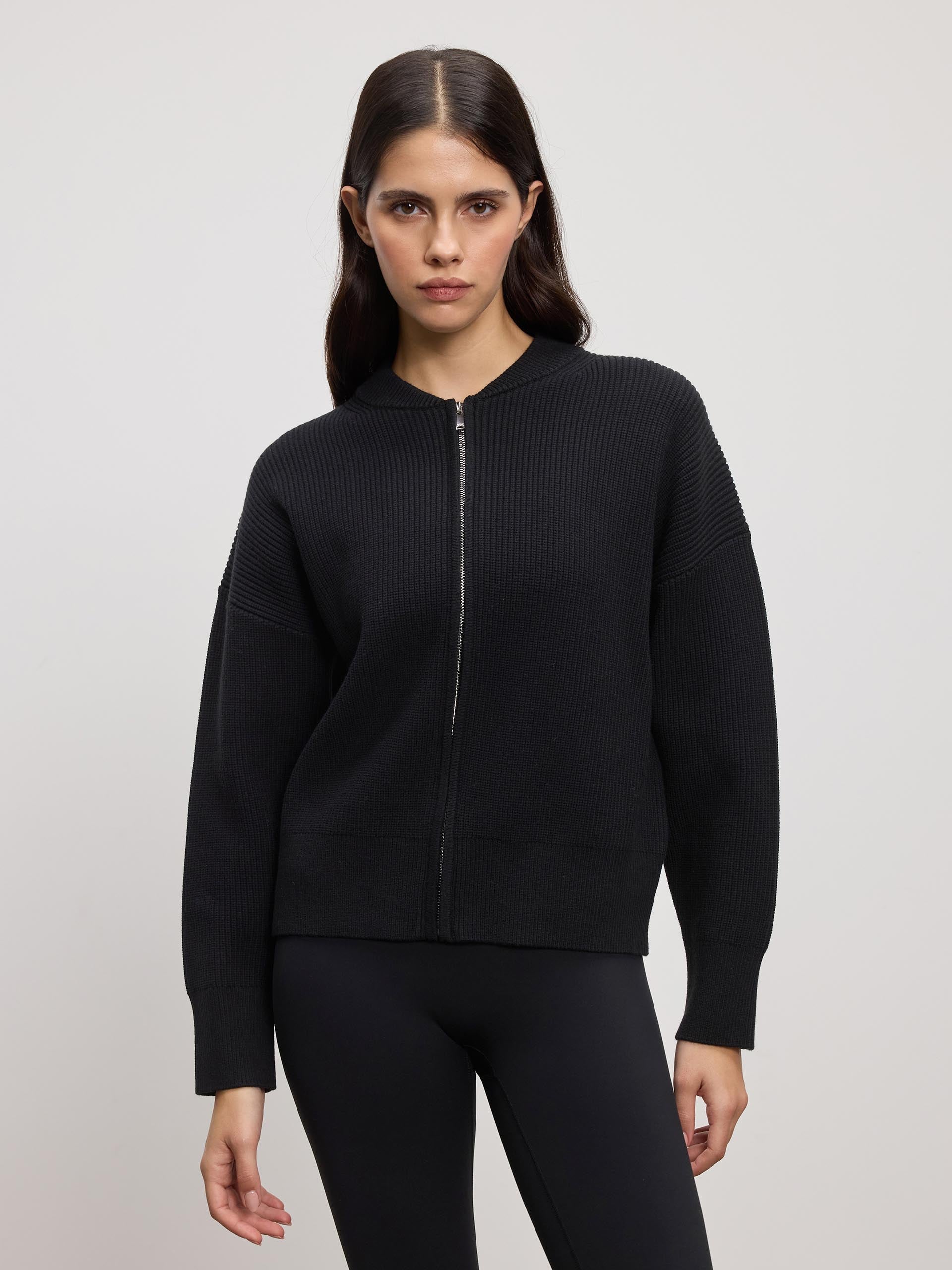 Womens Ribbed Bomber in Black