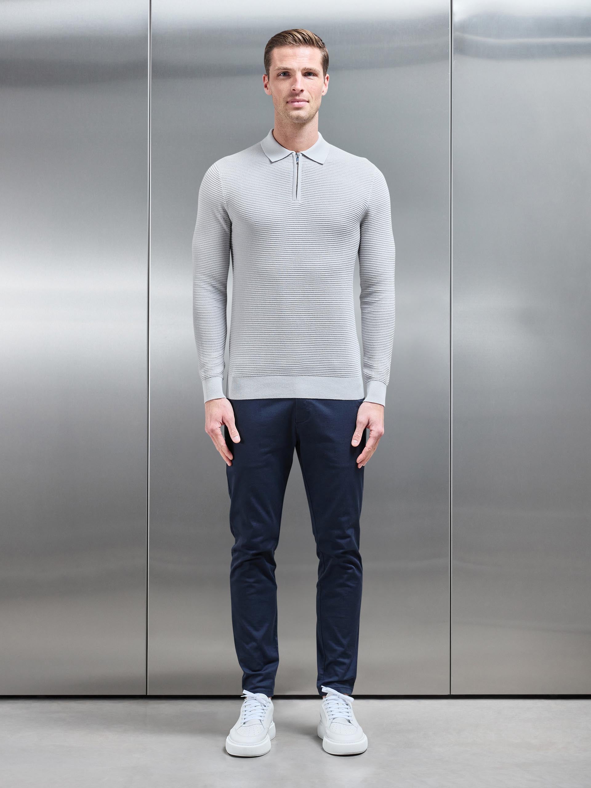 Ribbed Textured Long Sleeve Knitted Zip Polo in Mid Grey