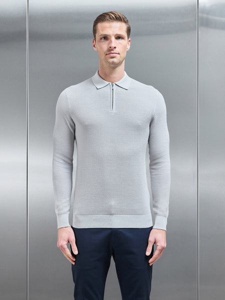 Ribbed Textured Long Sleeve Knitted Zip Polo in Mid Grey