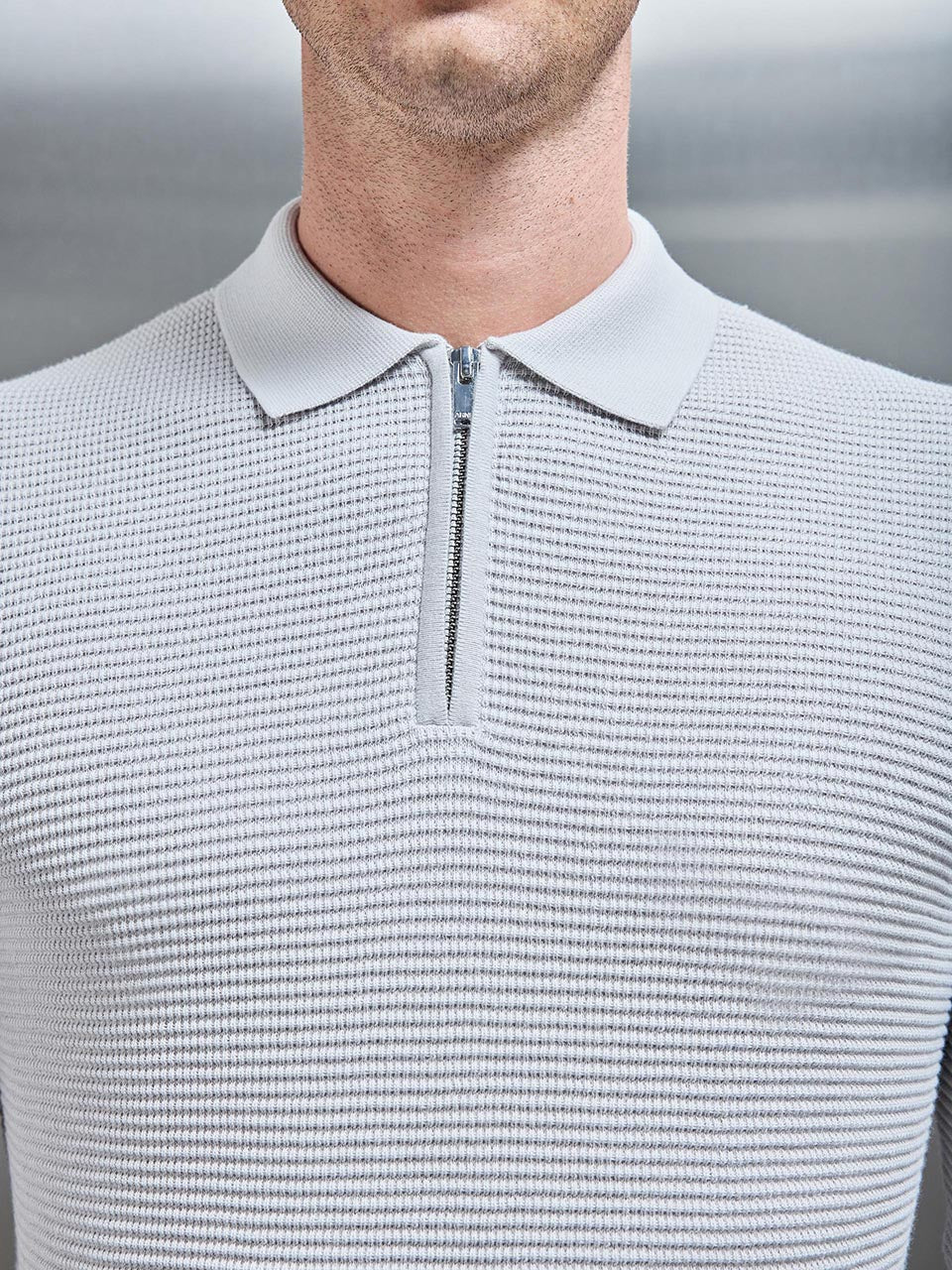 Ribbed Textured Long Sleeve Knitted Zip Polo in Mid Grey