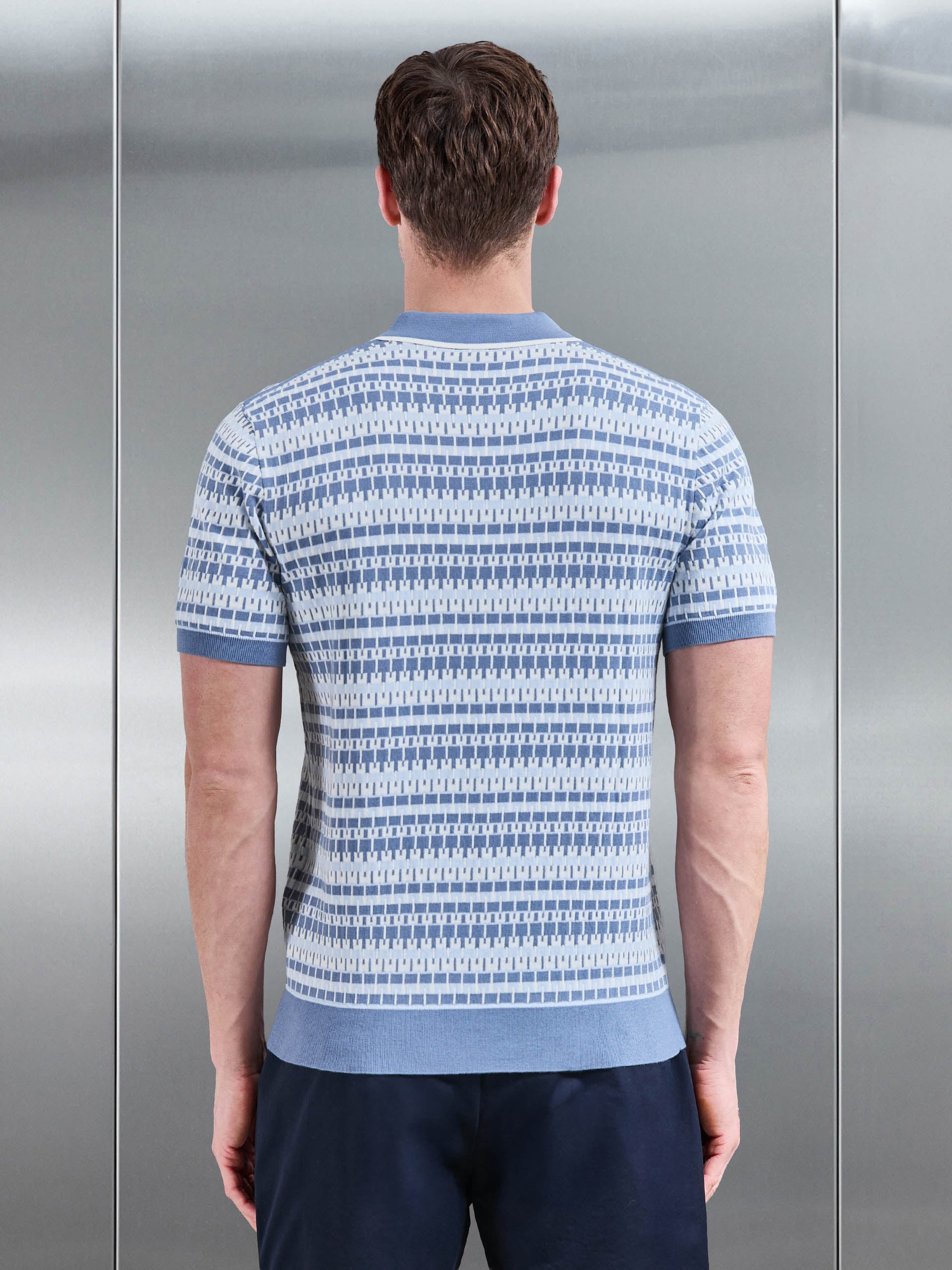 Roma Knitted Button Polo Shirt in Steel Blue