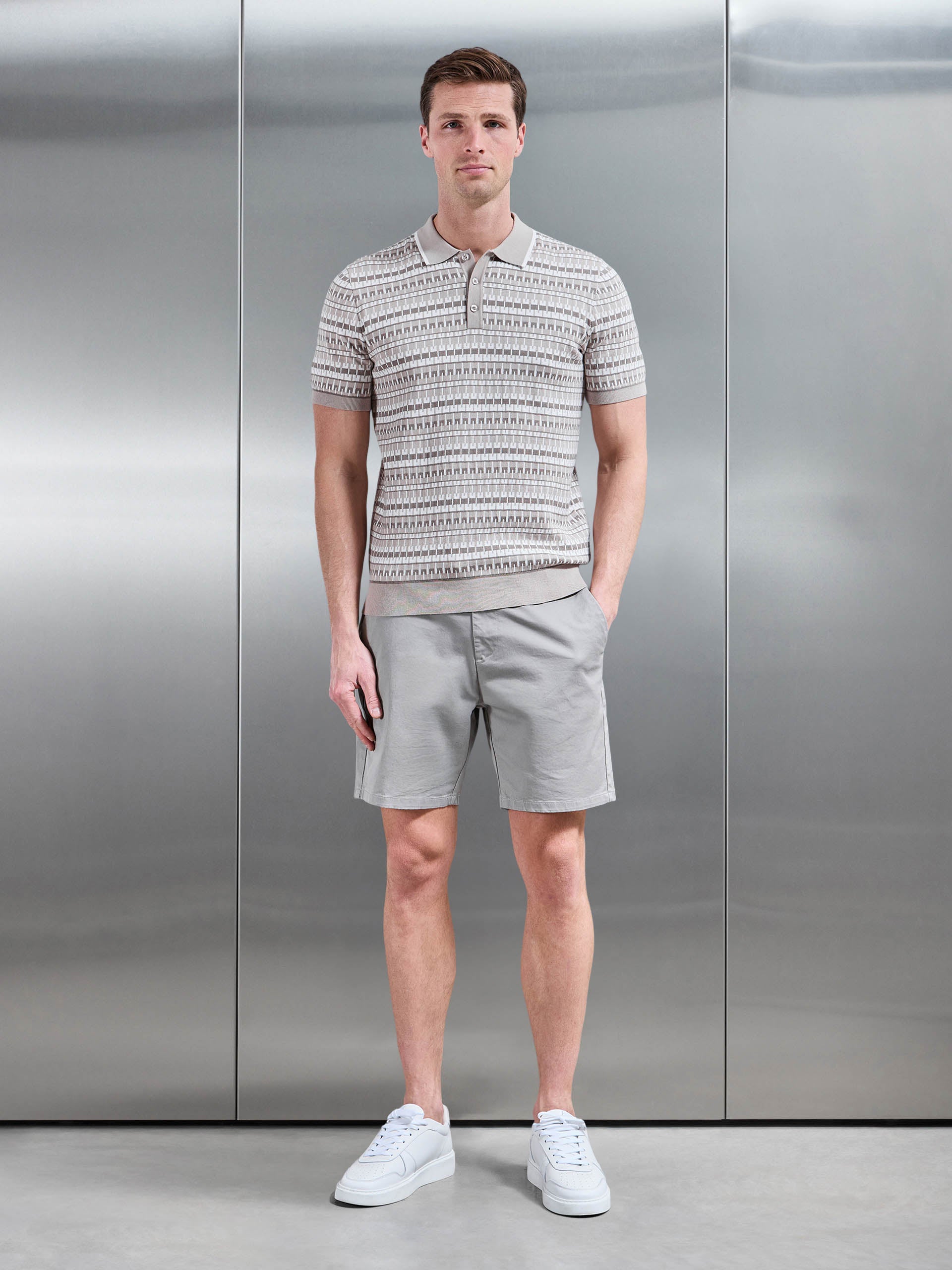 Roma Knitted Button Polo Shirt in Stone