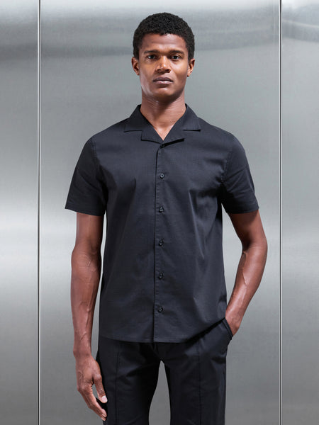 Seersucker Revere Collar Shirt in Black
