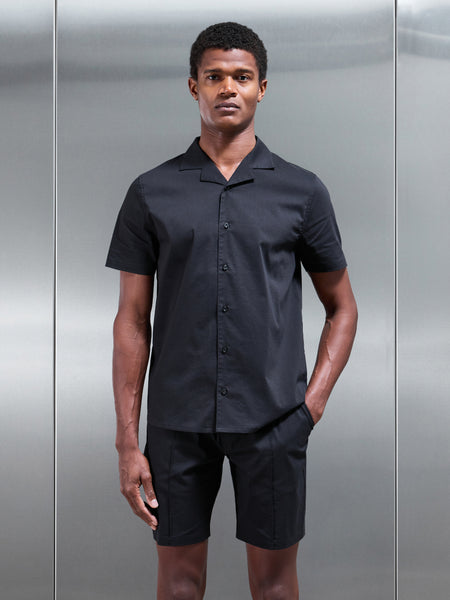Seersucker Revere Collar Shirt in Black