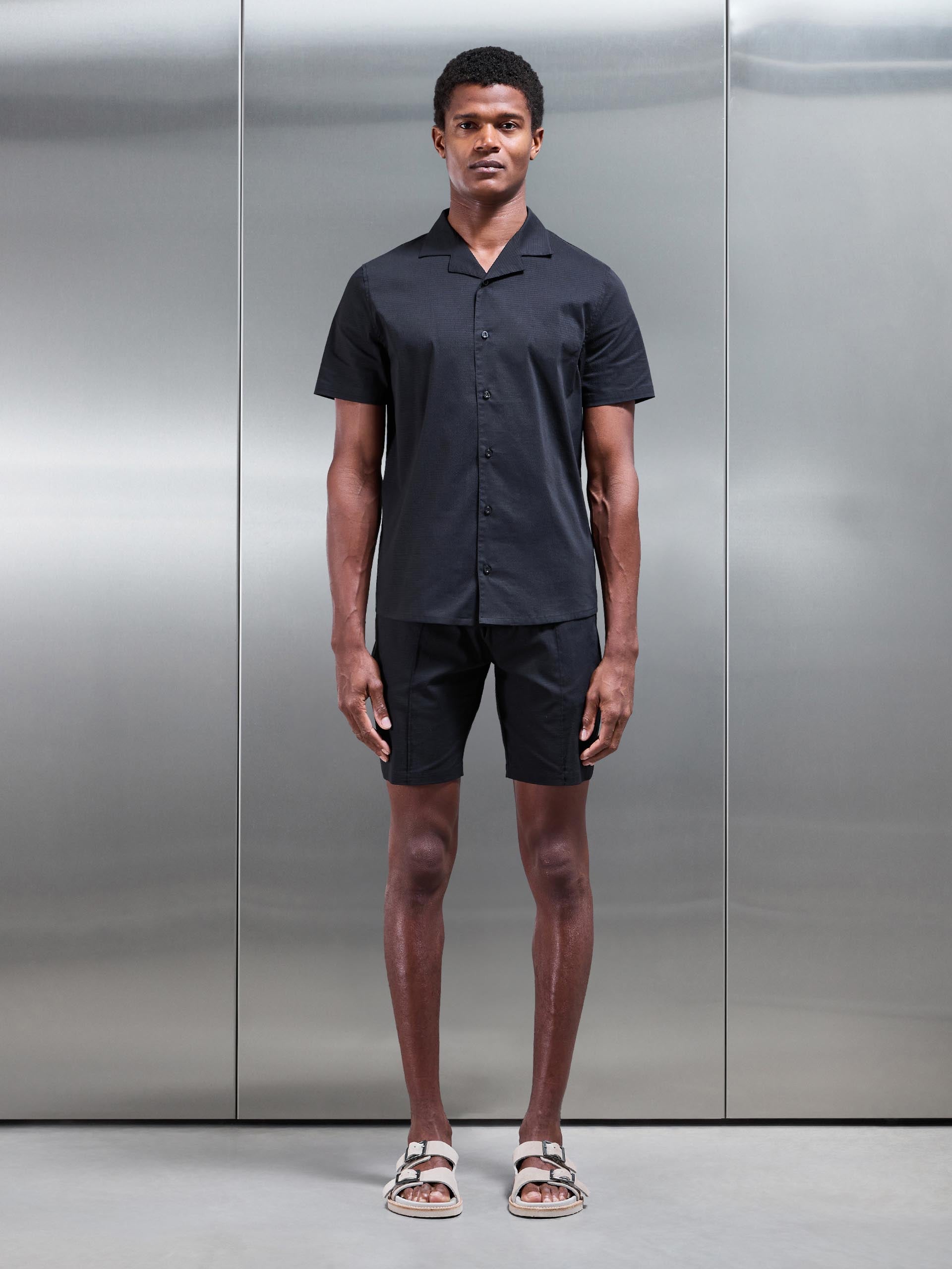 Seersucker Revere Collar Shirt in Black