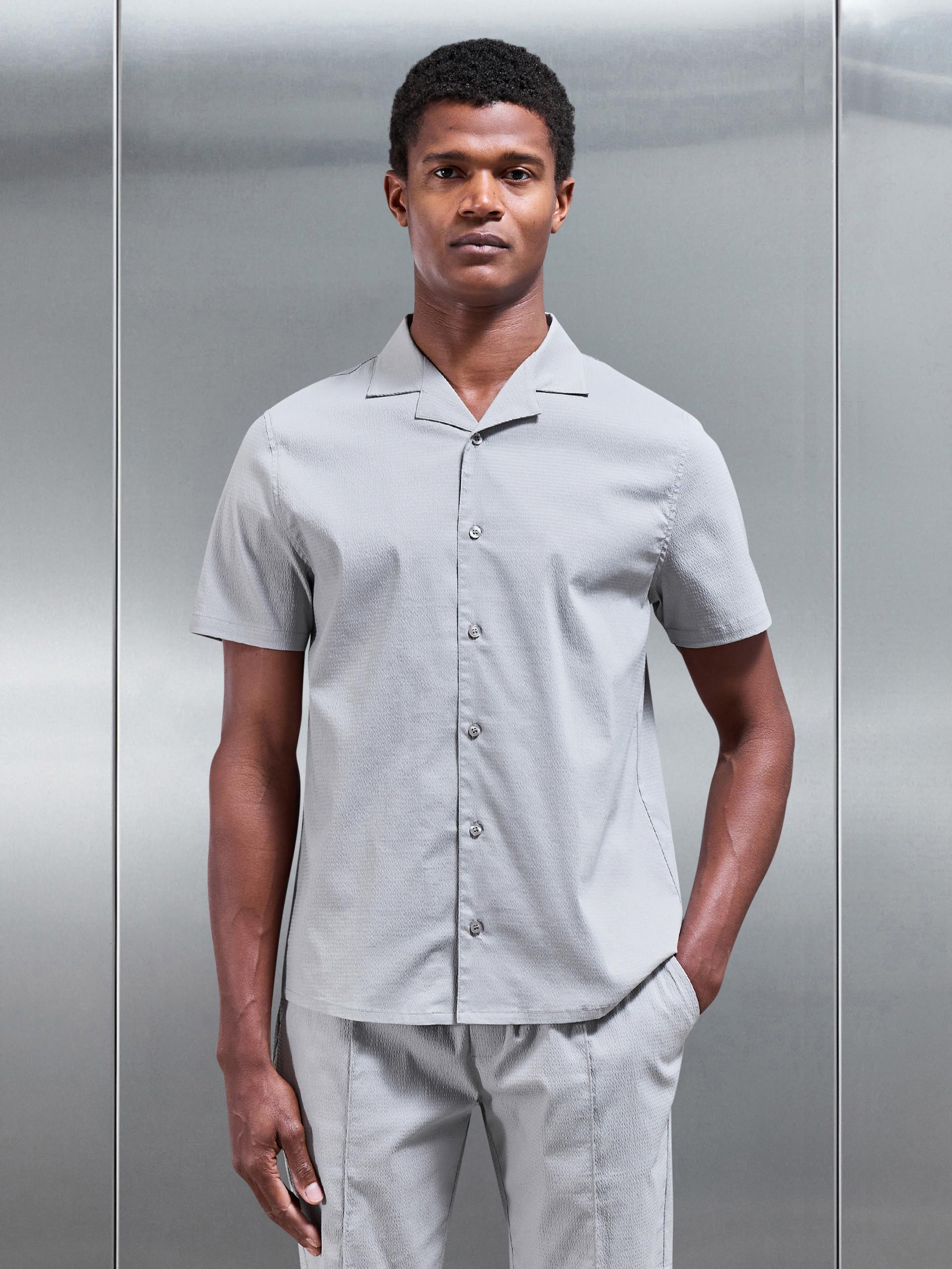 Seersucker Revere Collar Shirt in Stone