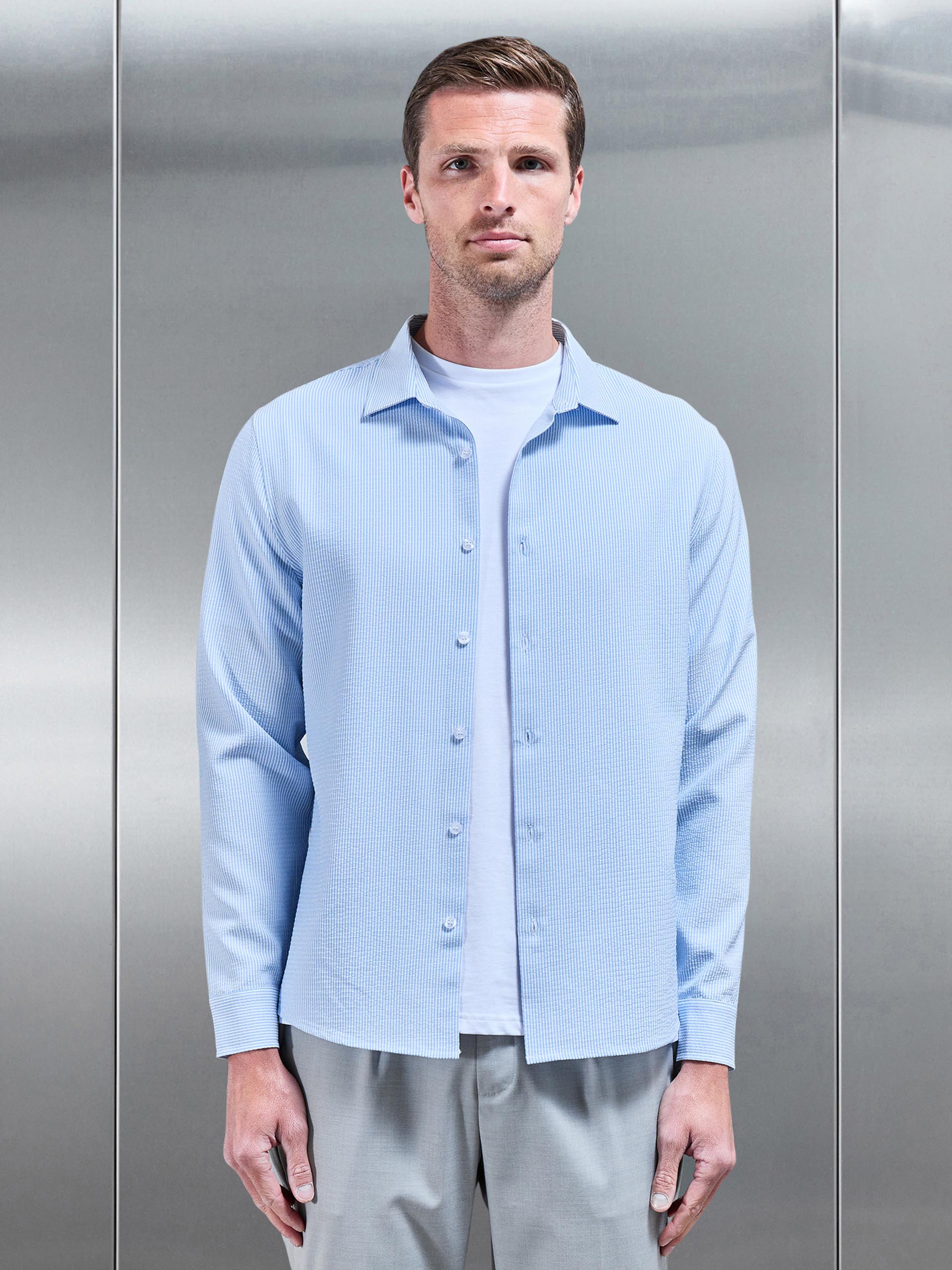 Seersucker Stripe Long Sleeve Shirt in Light Blue