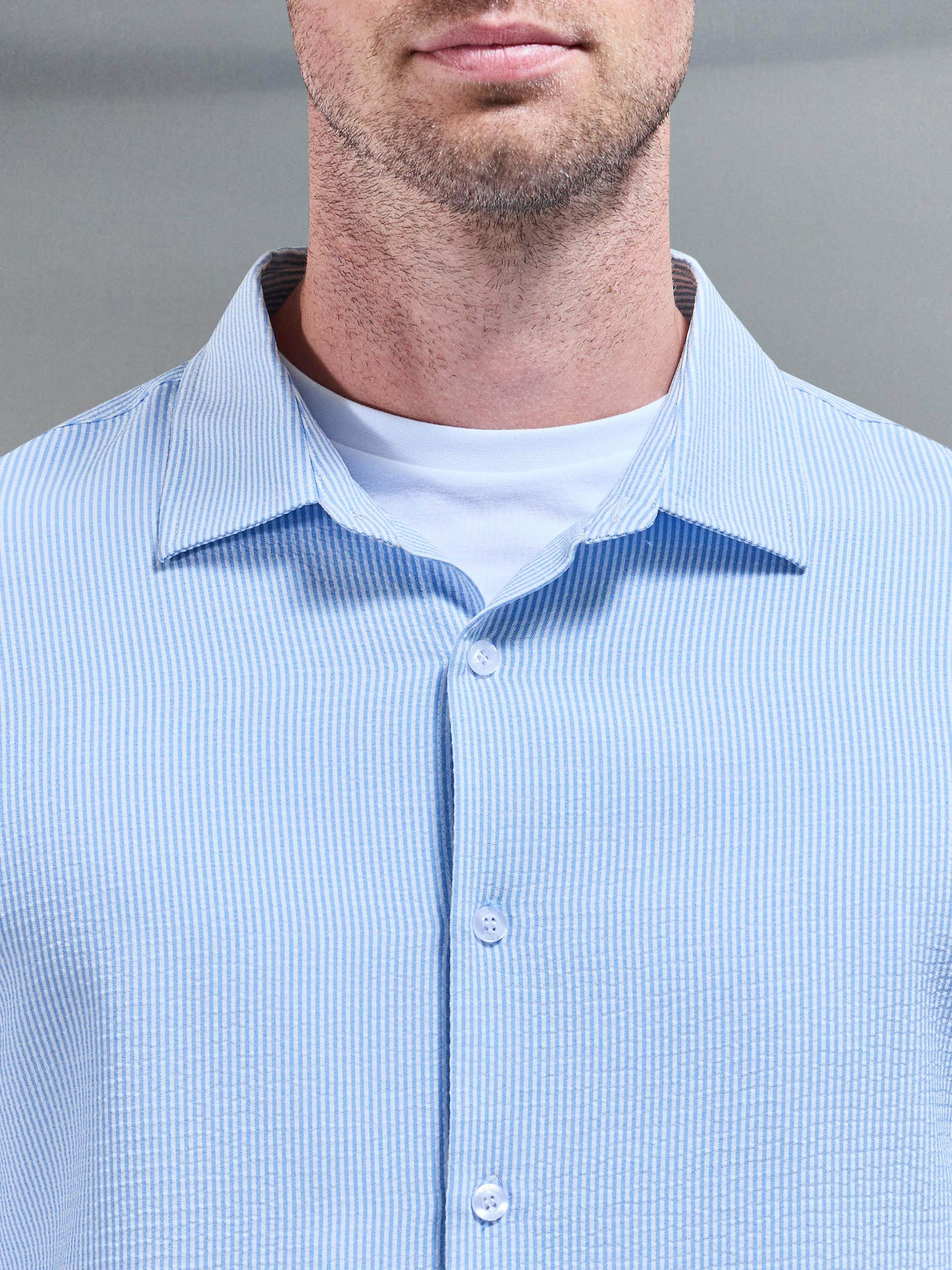 Seersucker Stripe Long Sleeve Shirt in Light Blue