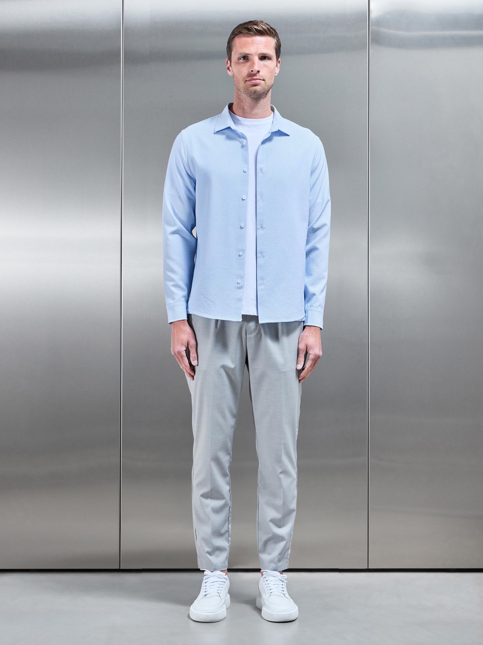 Seersucker Stripe Long Sleeve Shirt in Light Blue