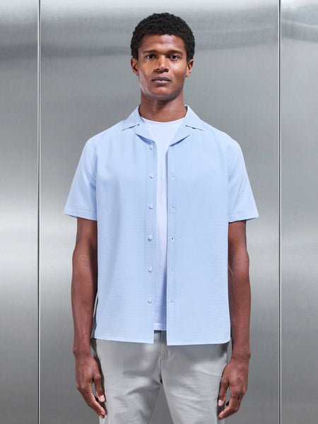 Seersucker Stripe Revere Collar Shirt in Light Blue