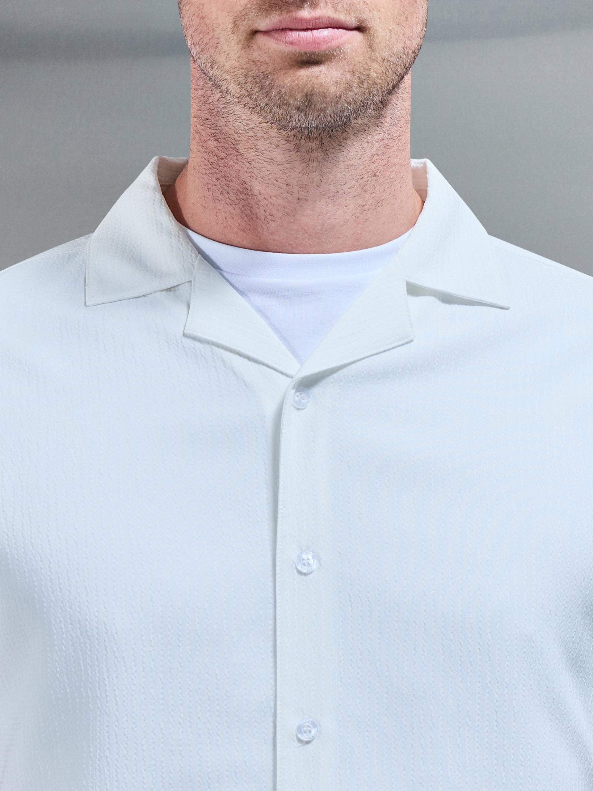 Seersucker Stripe Revere Collar Shirt in White