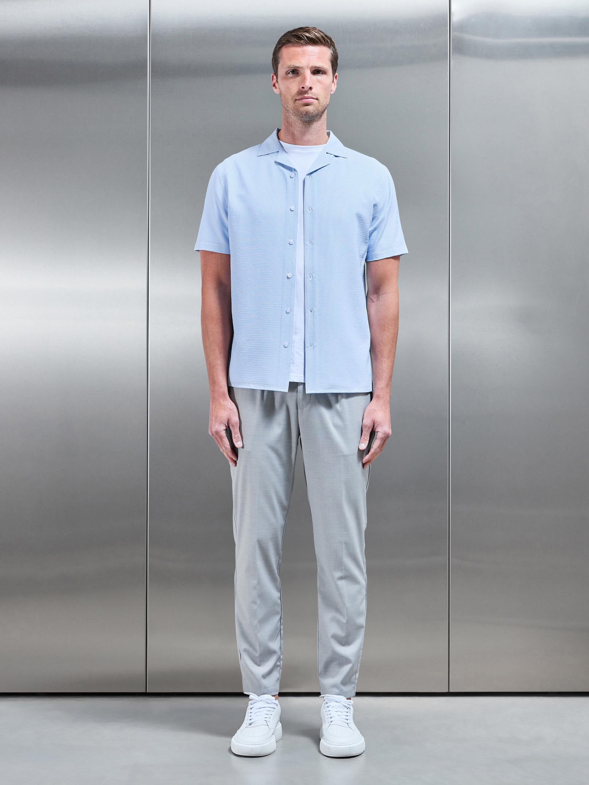 Seersucker Stripe Revere Collar Shirt in Light Blue