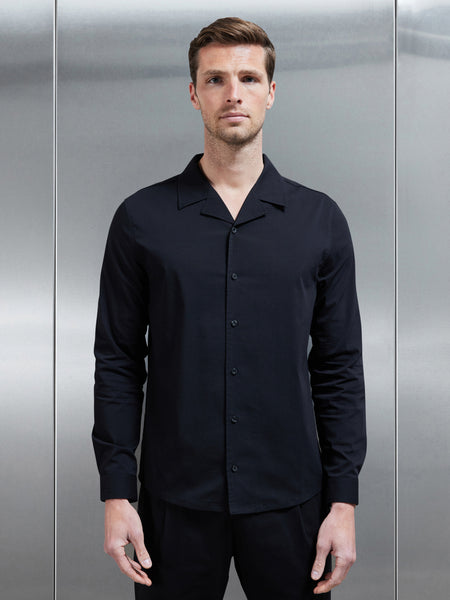 Seersucker Revere Collar Long Sleeve Shirt in Black
