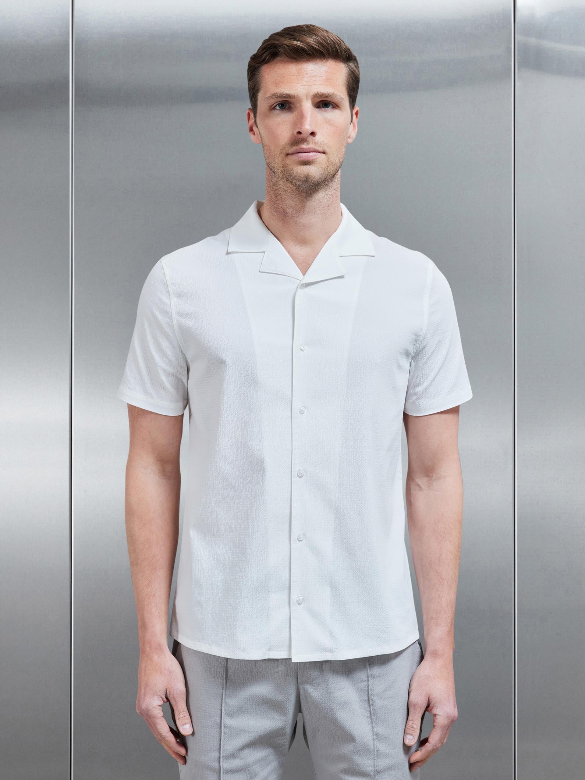 Seersucker Revere Collar Shirt in White