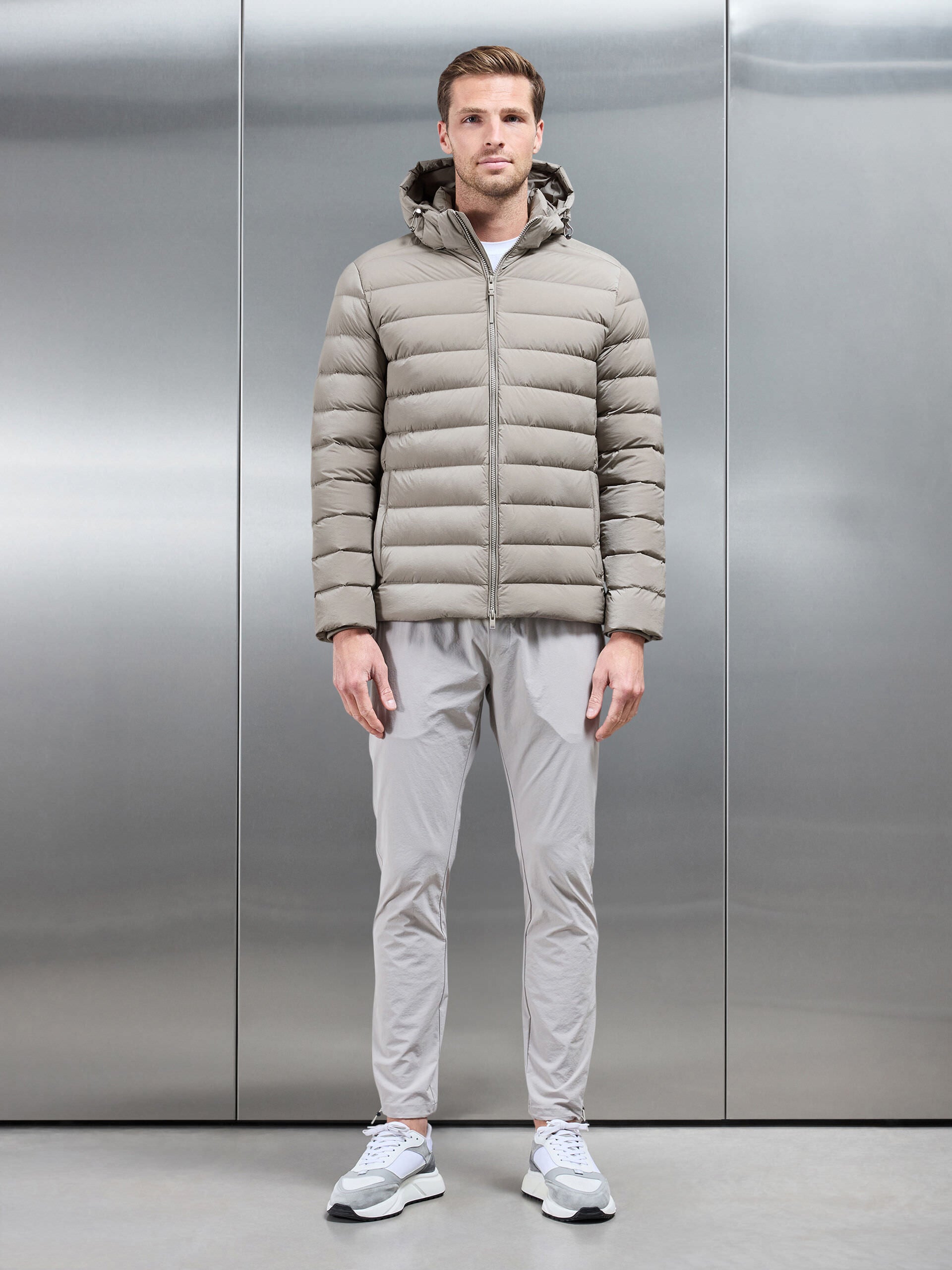 Short Technical Down Jacket in Taupe