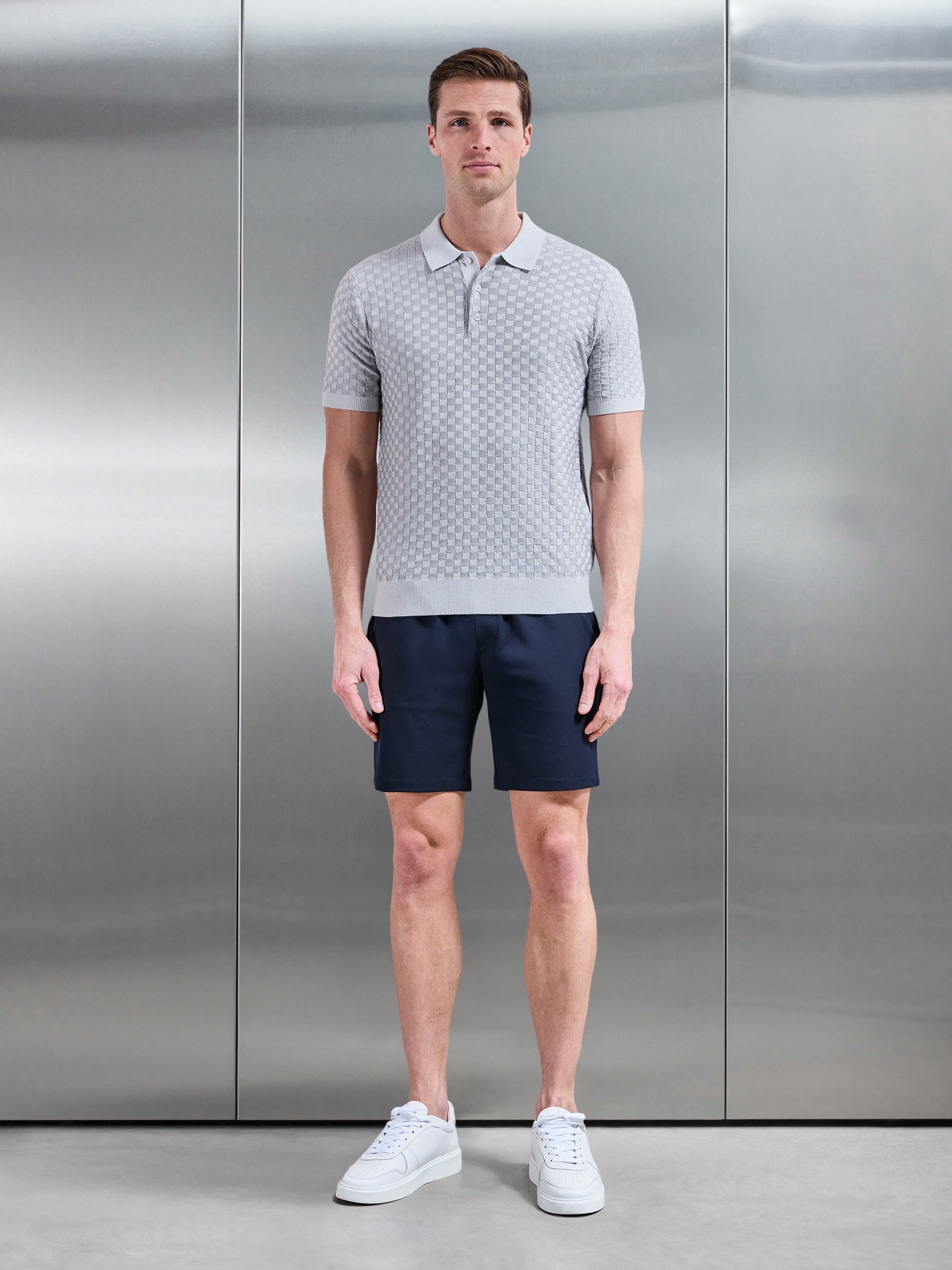 Square Contrast Textured Polo Shirt in Mid Grey