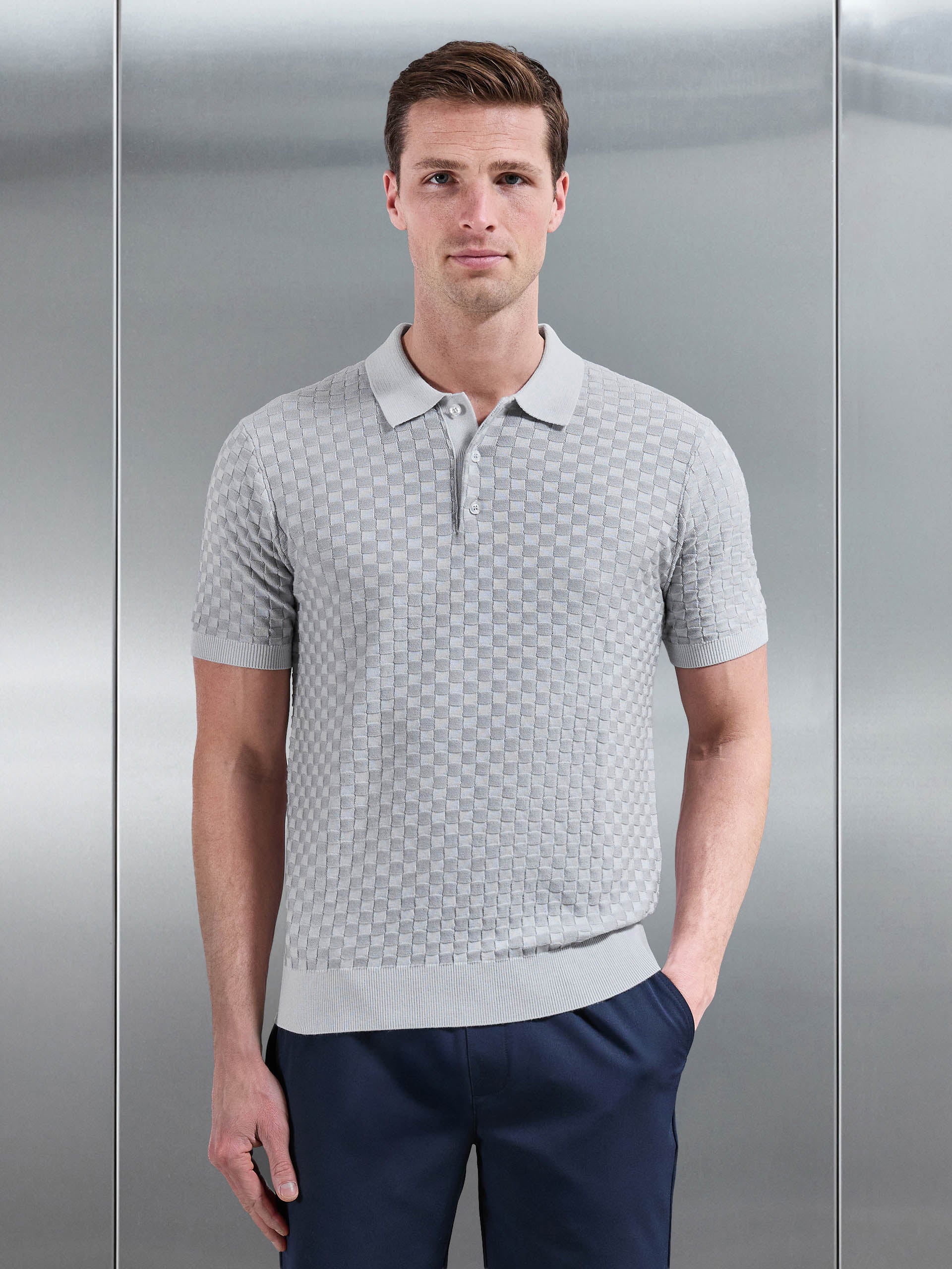 Square Contrast Textured Polo Shirt in Mid Grey