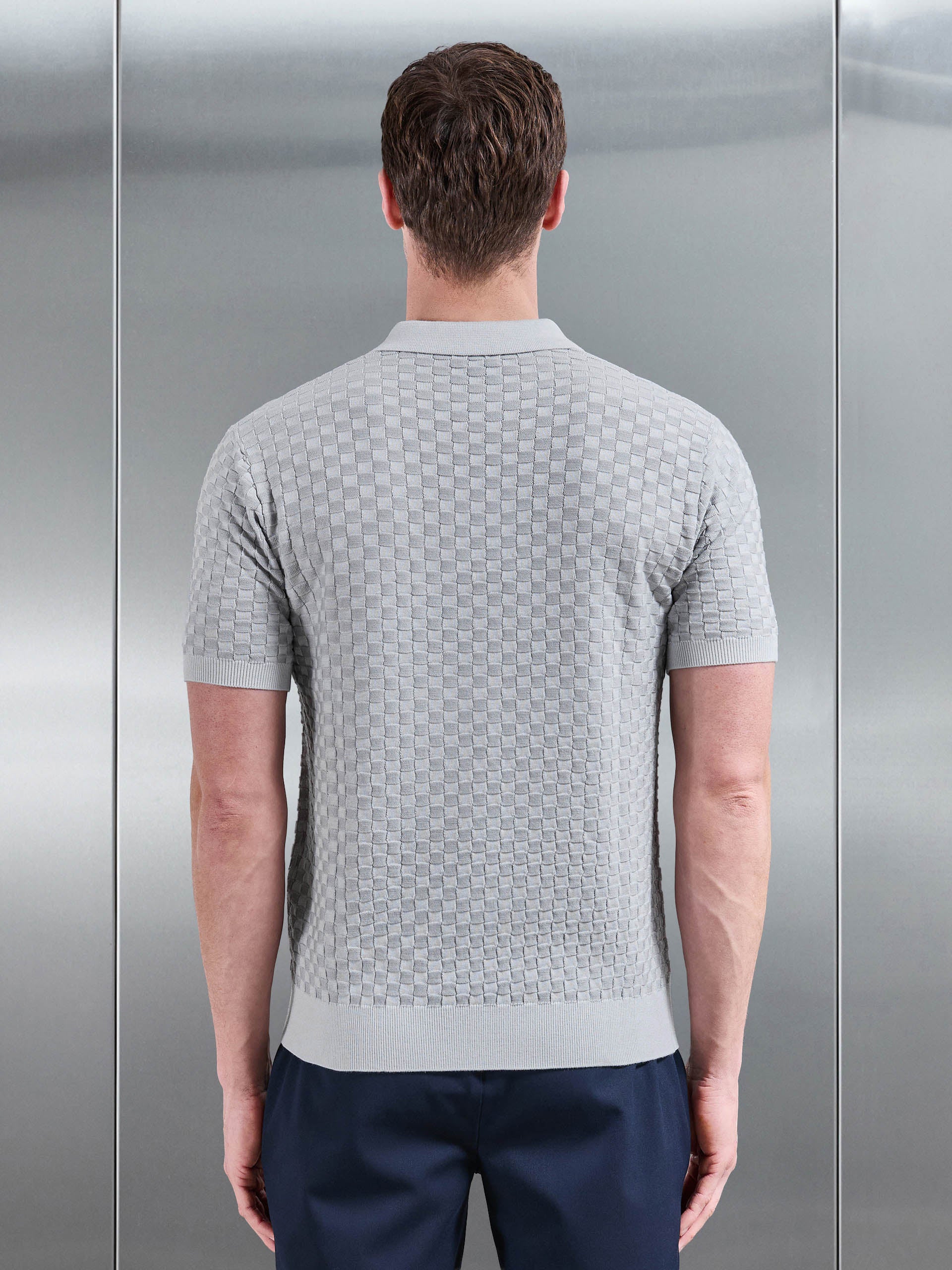 Square Contrast Textured Polo Shirt in Mid Grey