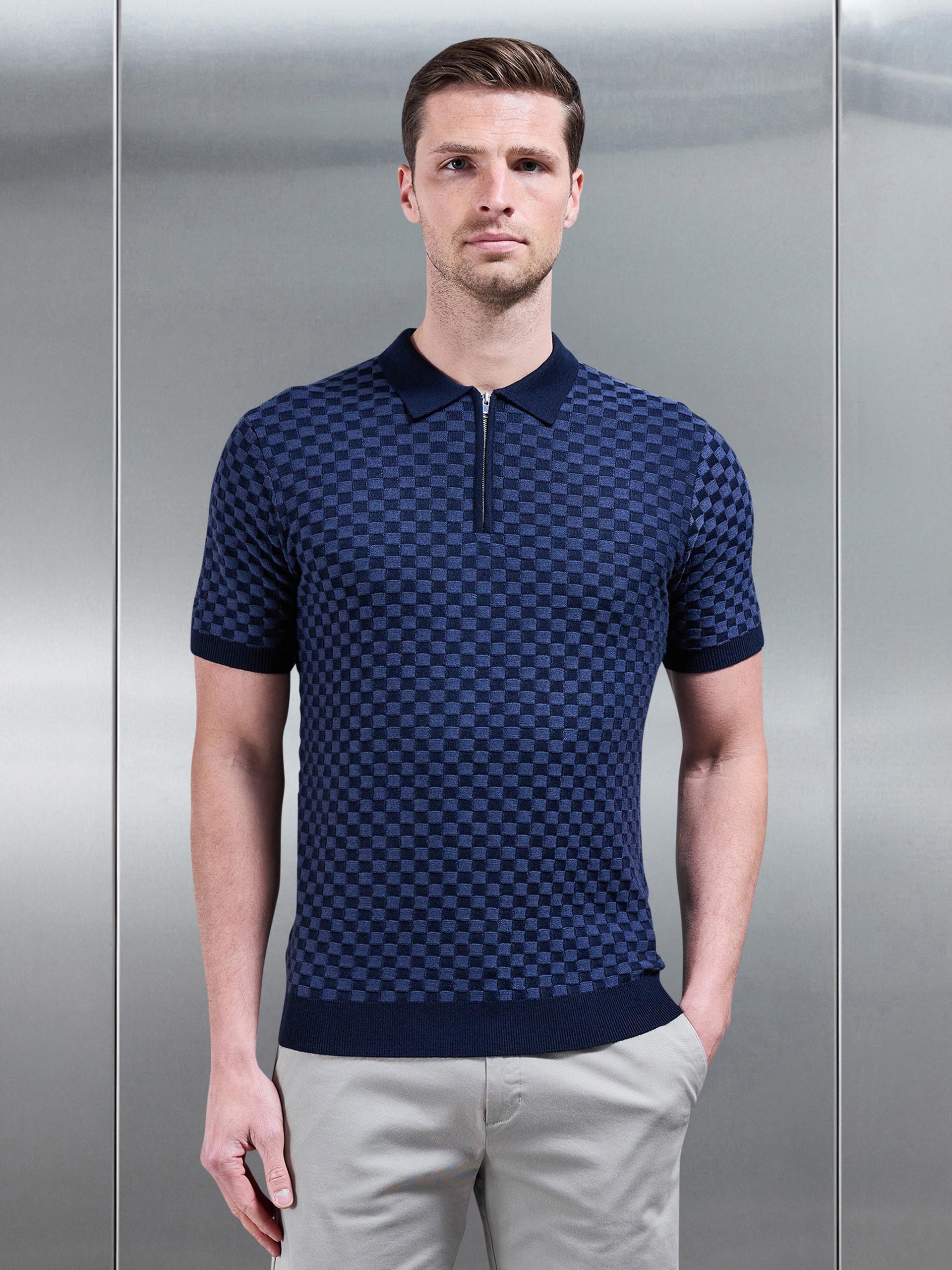 Square Contrast Textured Polo Shirt in Navy