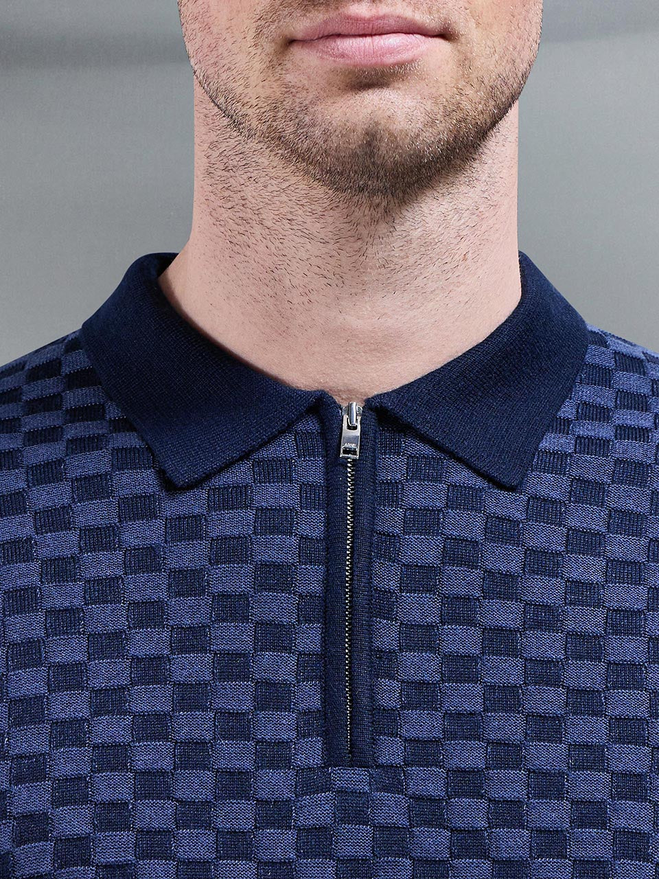 Square Contrast Textured Polo Shirt in Navy