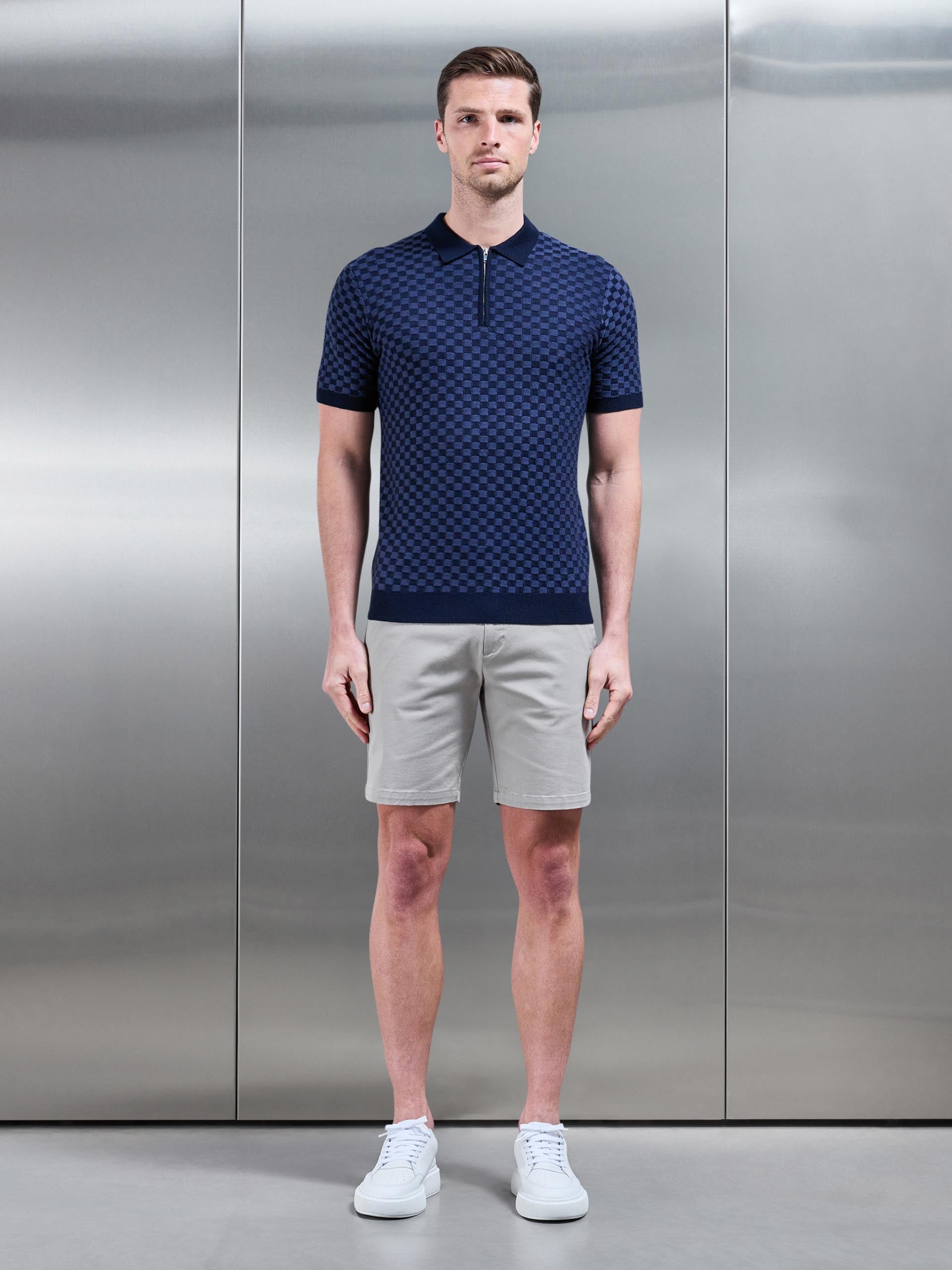 Square Contrast Textured Polo Shirt in Navy