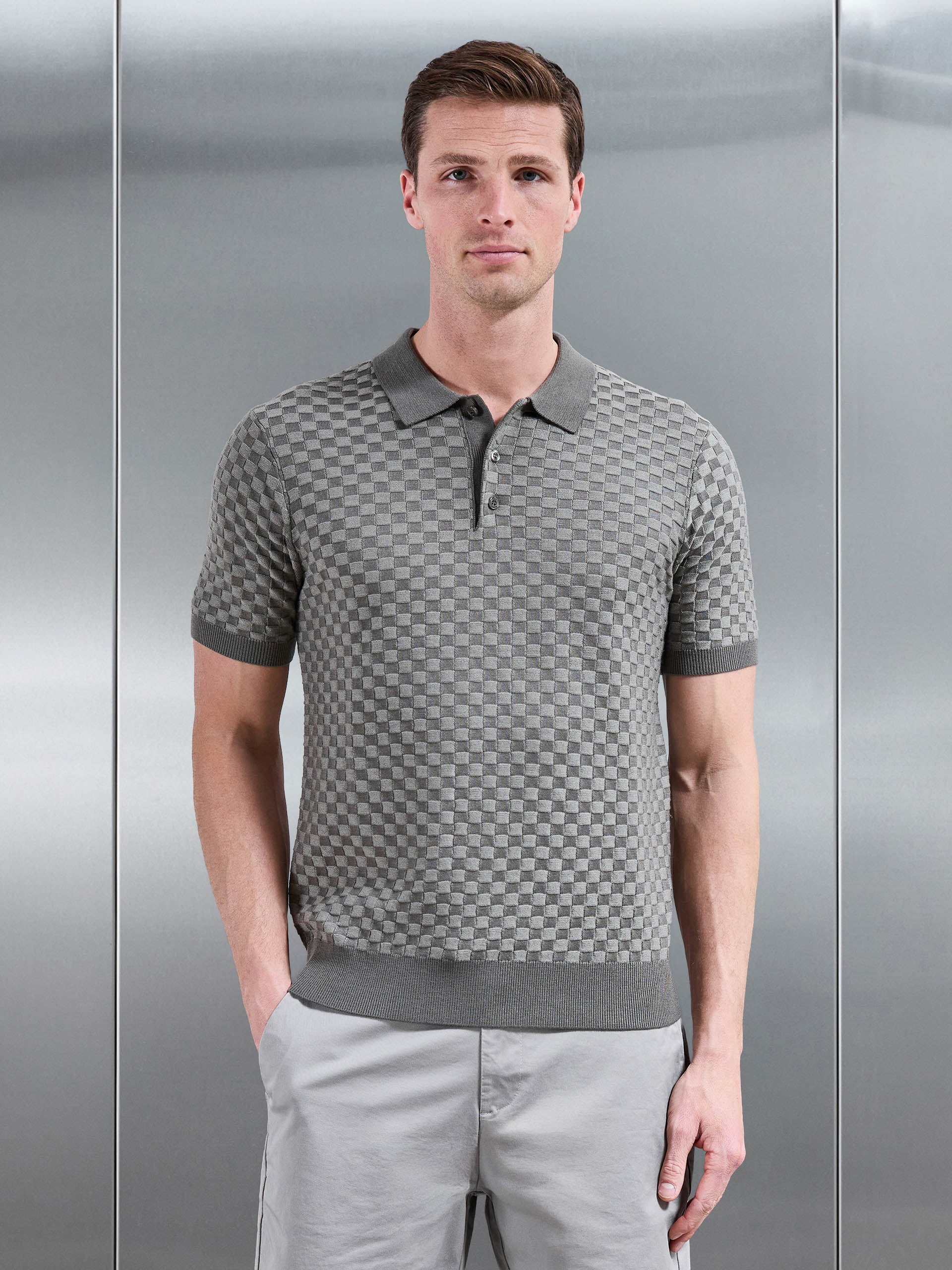 Square Contrast Textured Polo Shirt in Sage