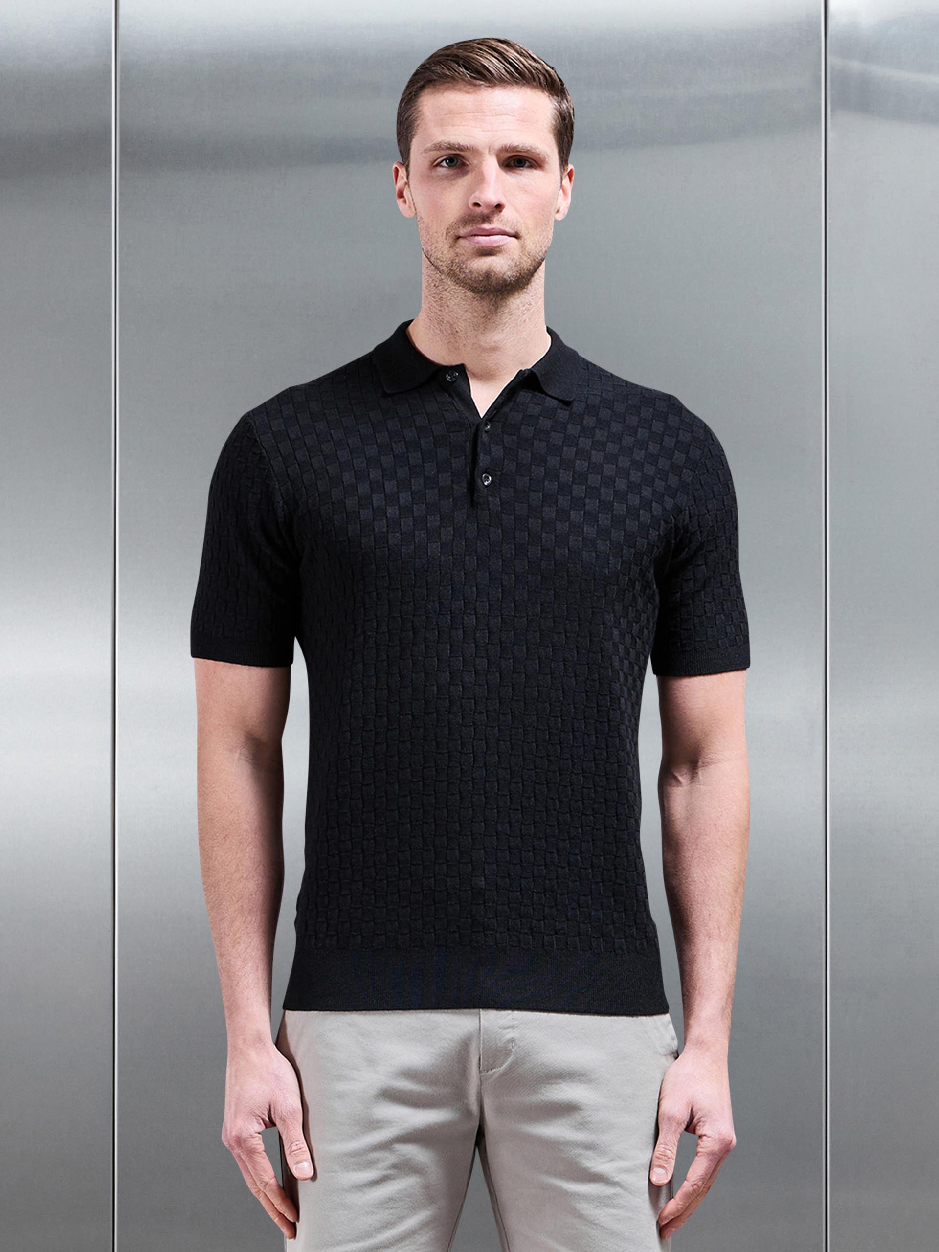 Square Textured Knitted Button Polo Shirt in Black