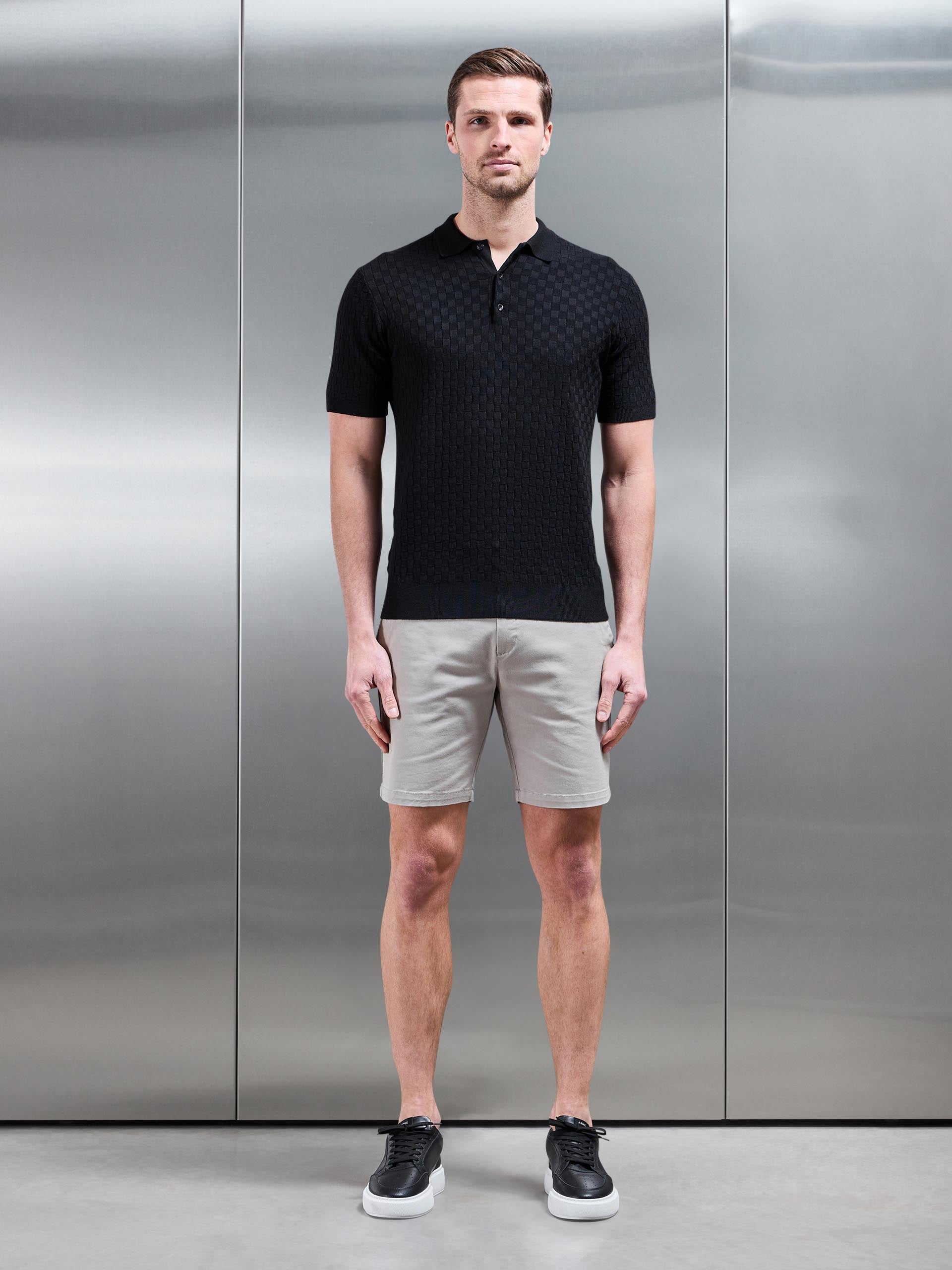 Square Textured Knitted Button Polo Shirt in Black