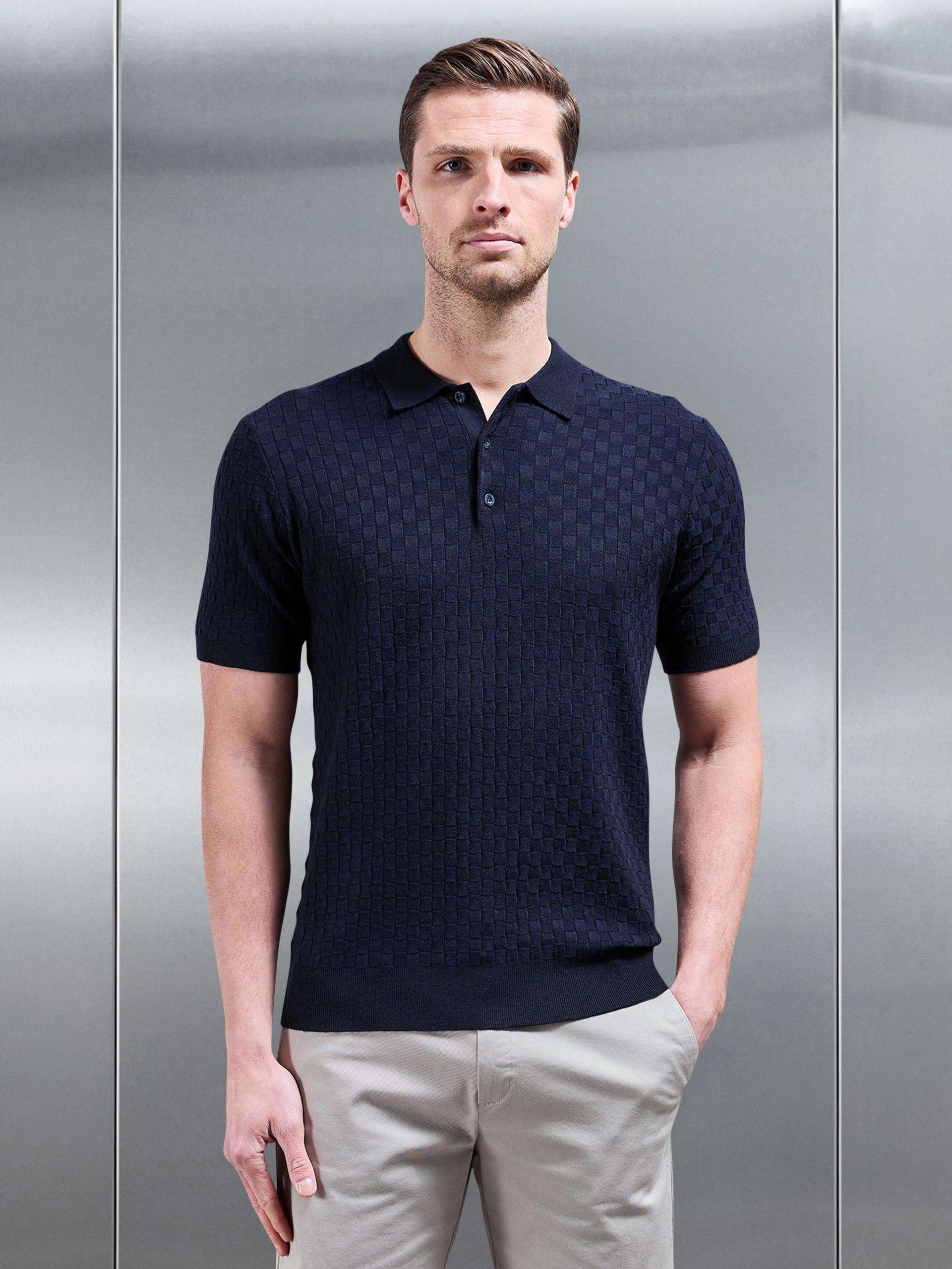 Square Textured Knitted Button Polo Shirt in Navy