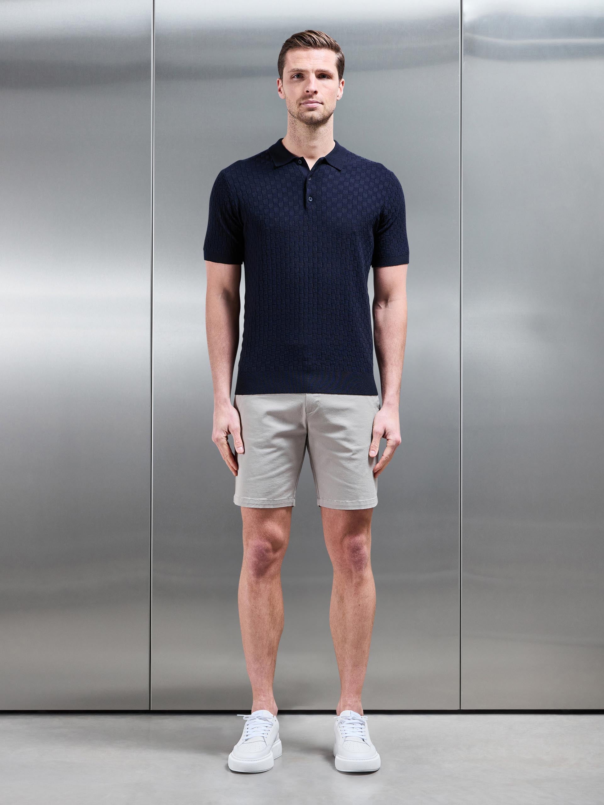 Square Textured Knitted Button Polo Shirt in Navy