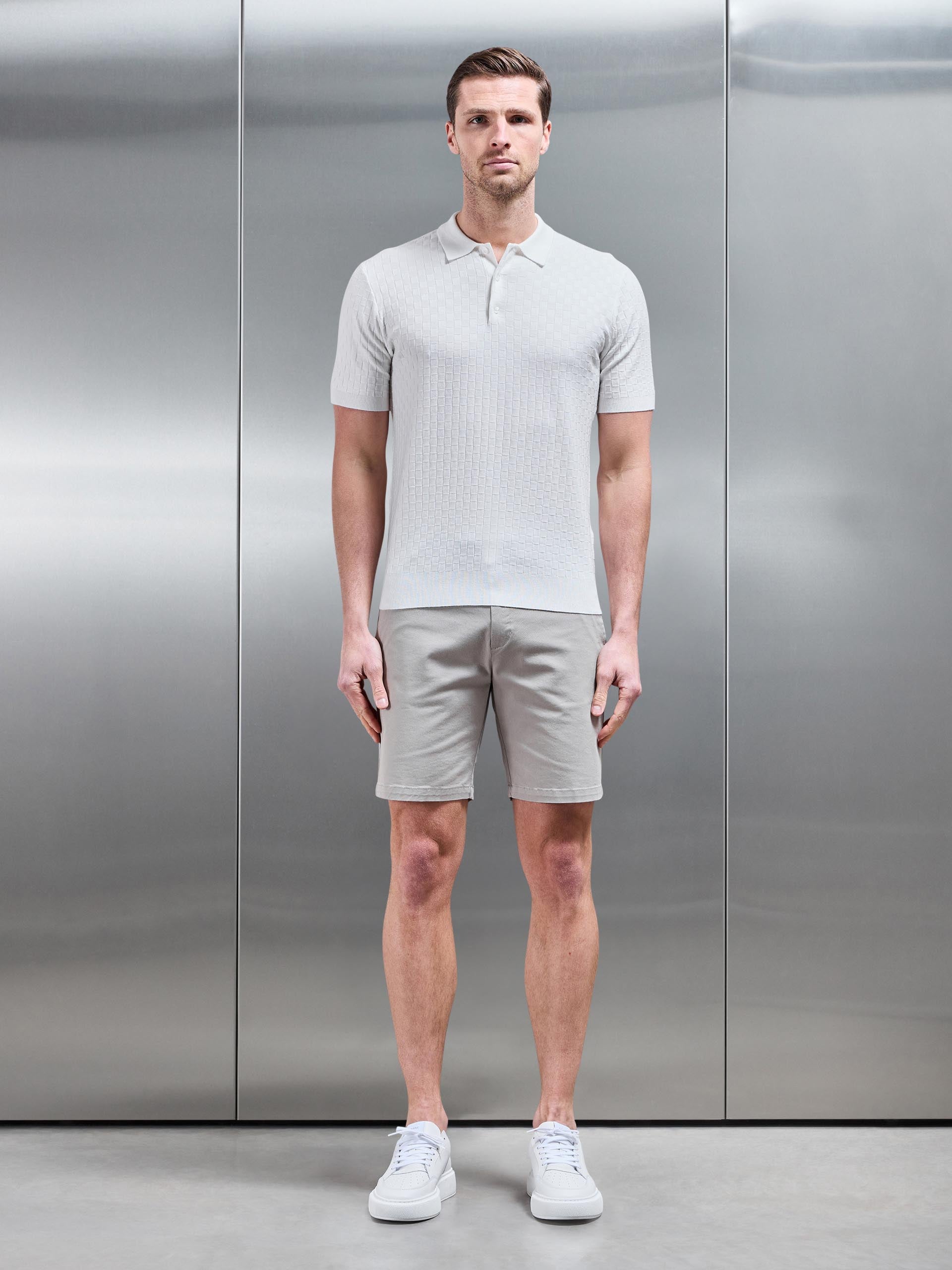 Square Textured Knitted Button Polo Shirt in White