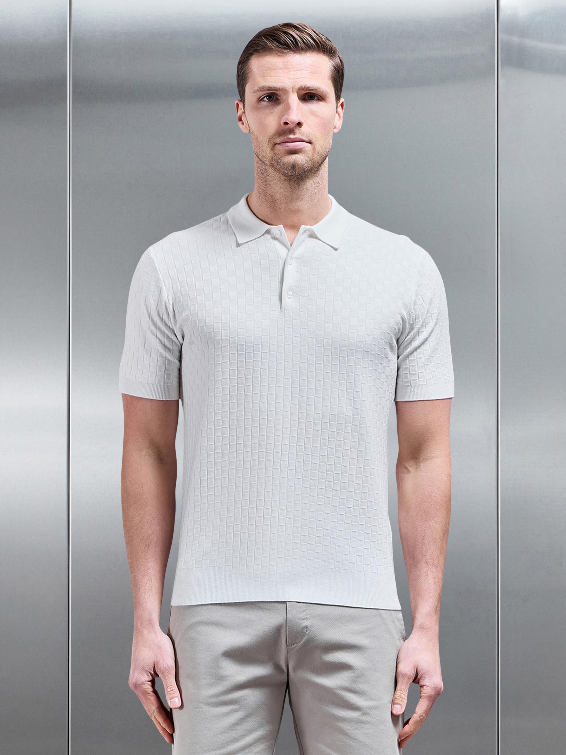 Square Textured Knitted Button Polo Shirt in White